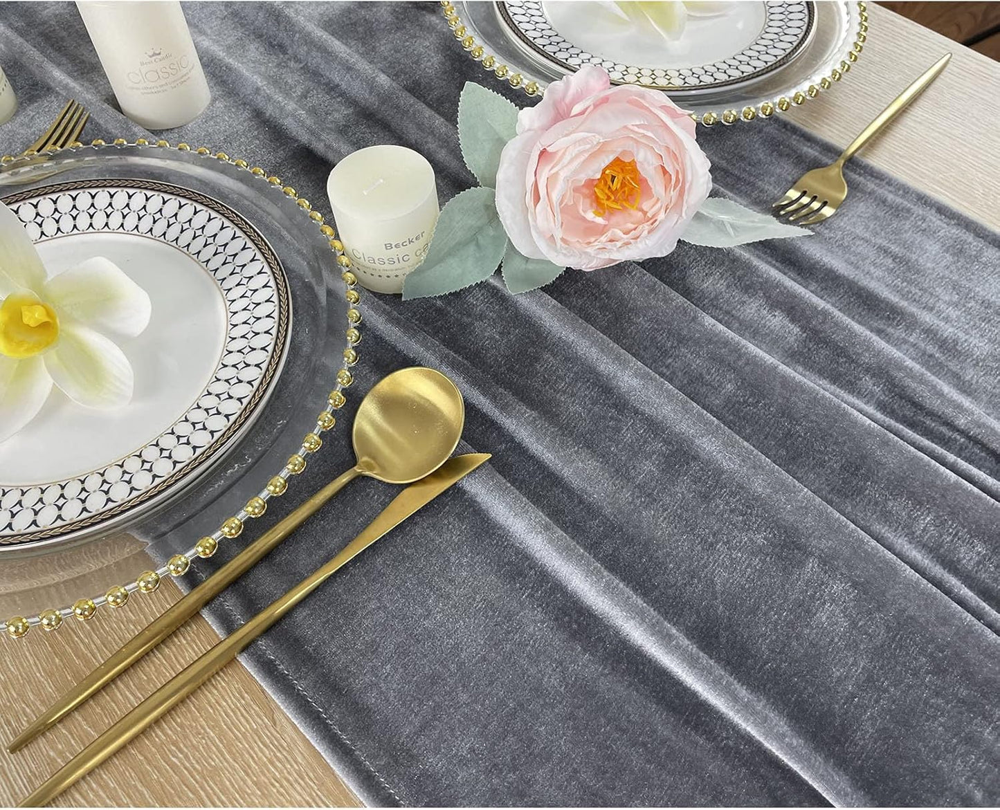Luxurious Velvet Table Runner, 10ft Wedding Reception Decorations, 20x120inch Soft Velvet Fabric, Table Linen Overlay, Wedding Table Runners (Gray, 20X120inch)