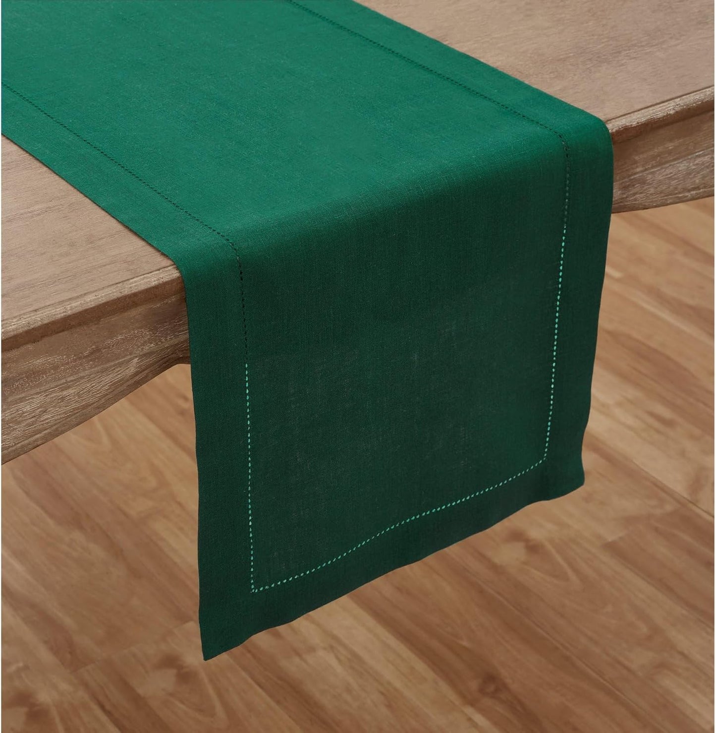 Solino Home Linen Rainforest Green Hemstitch Table Runner 48 Inches - 100% Pure Linen Small Table Runner 14 x 48 Inch Ideal for Dresser and Coffee Tables - Classic Hemstitch - Christmas, Thanksgiving