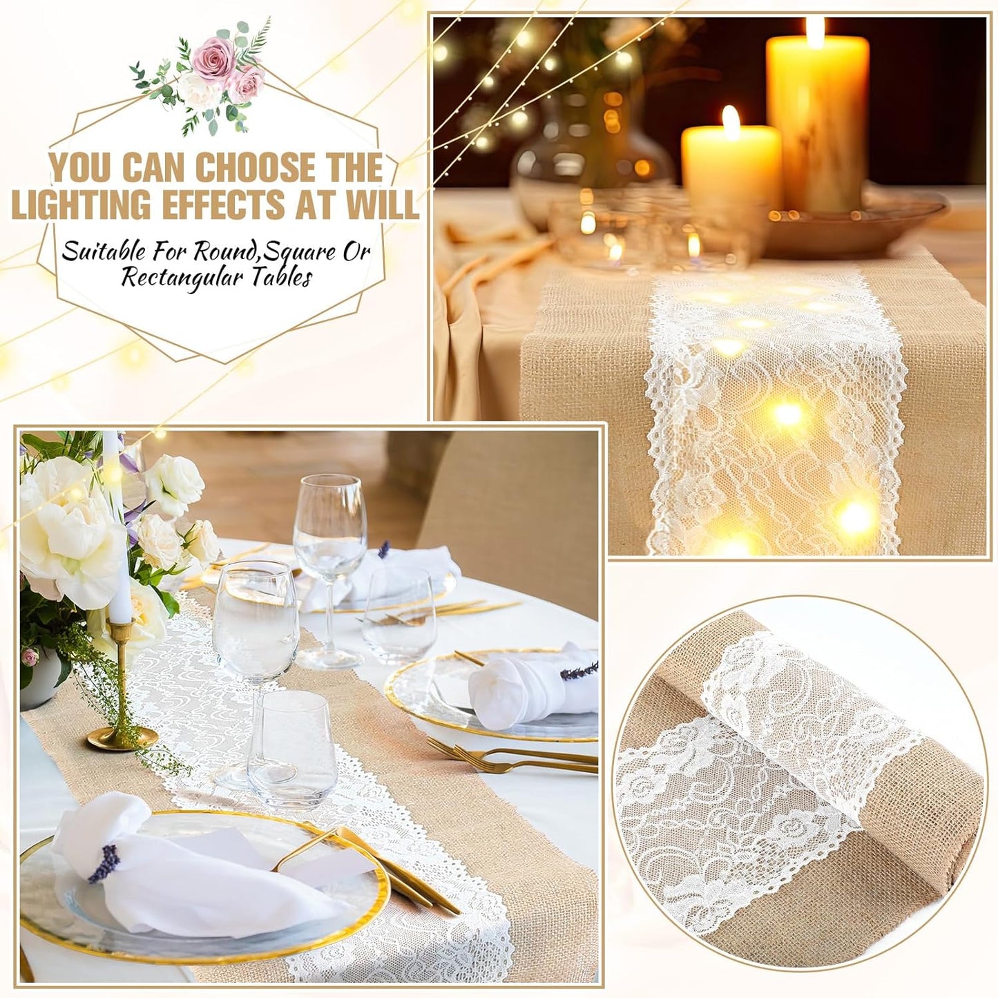 Xinnun 6 Pcs Burlap Table Runner with Lights 12 x 108 Inches Burlap Lace Table Runner Rustic Wedding Decorations Home Party (Flower)