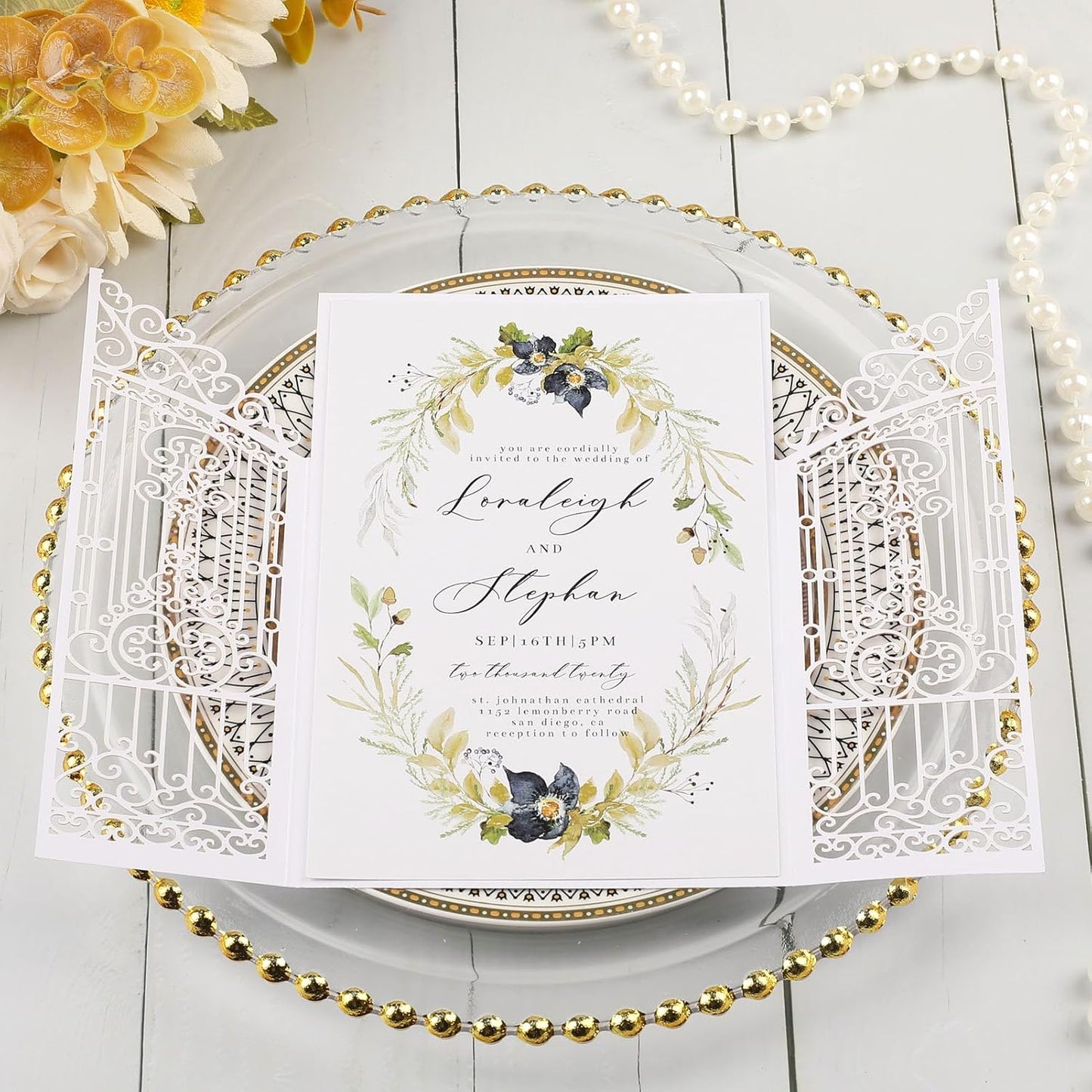 50Pcs White Laser Cut Invitations Fence Wedding Invitations Pocket with Envelopes and RSVP Cards for Wedding Quinceañera Engagement House Warming Invites, Blank Wedding Invitation Card Customizable