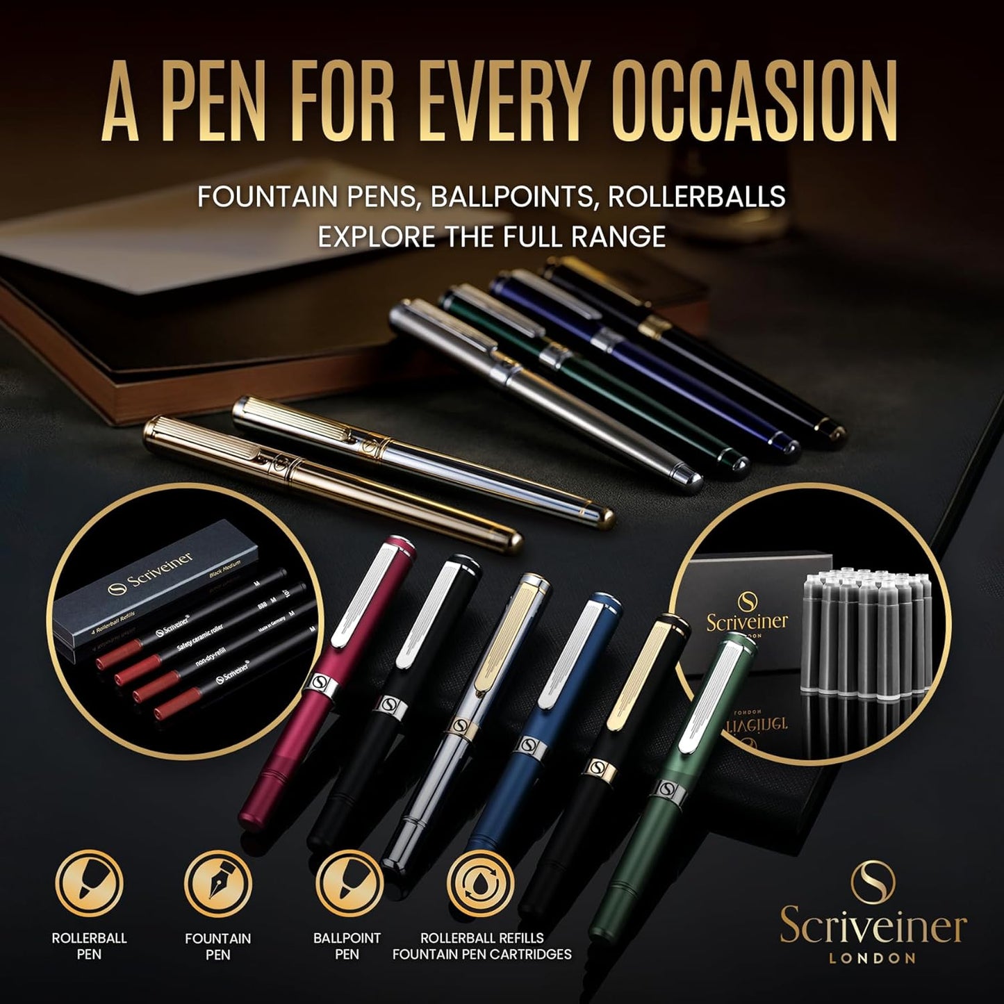 Scriveiner Black Lacquer Fountain Pen - Stunning Luxury Pen, Real Gold Plating, Schmidt Gilded Nib (Fine), Best Pen Gift Set for Men & Women, Professional, Executive, Office, Nice Pens