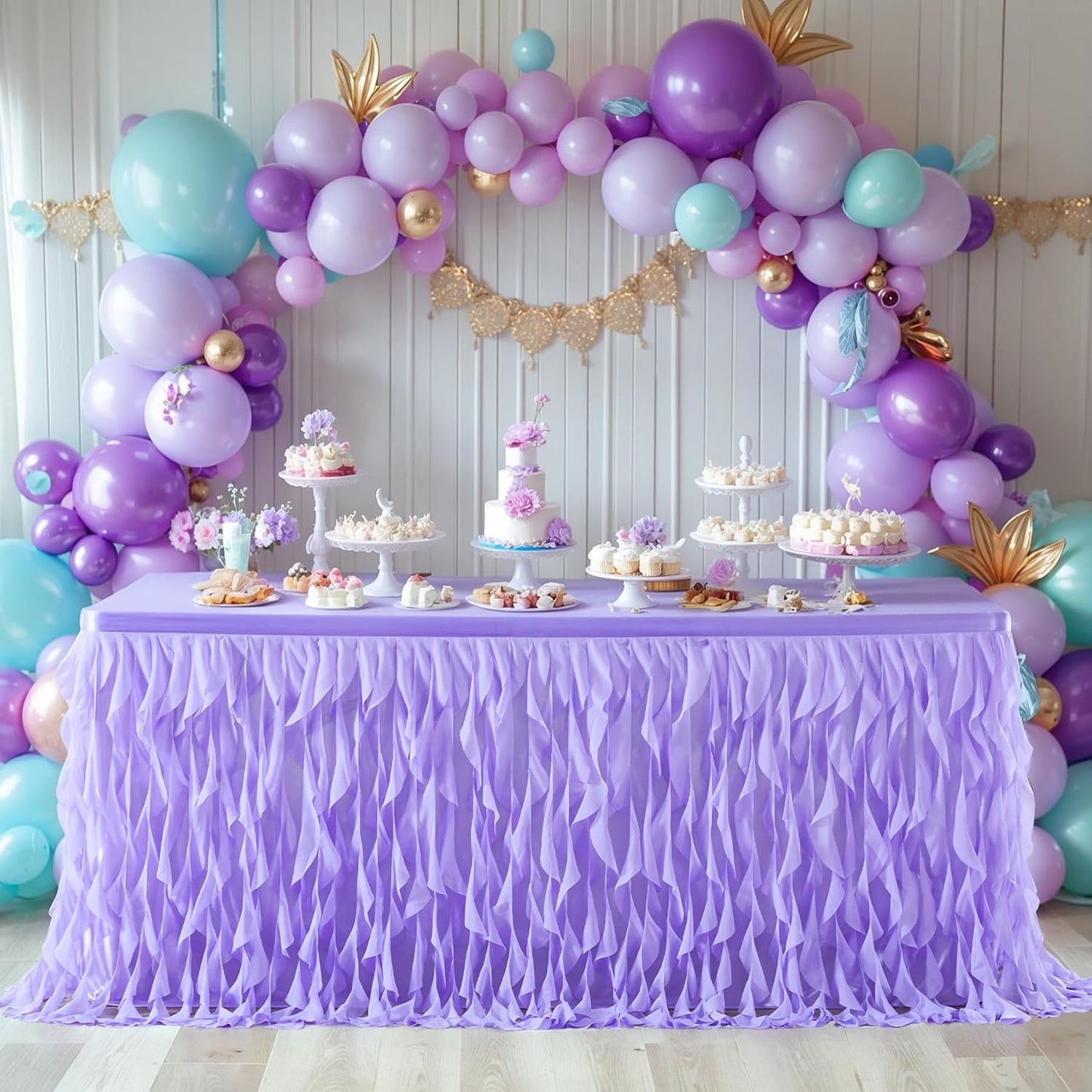 PARTISKY Lavender Purple Tulle Curly Willow Table Skirt for Rectangle Table 9ft, Ruffle Tutu Table Cloth for Girls Boys Baby Shower,Mermaid Birthday Party