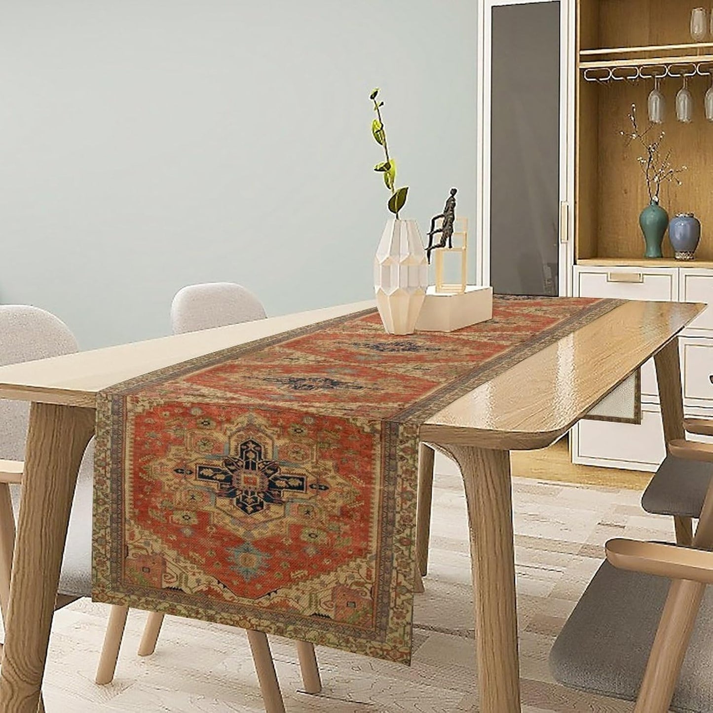 Vintage Boho Floral Table Runner, Rustic Country Farmhouse Orange Yellow Grey Retro Flower Pattern for Home Kitchen Table Decor Dining Coffee Room Party Decor 13x90in