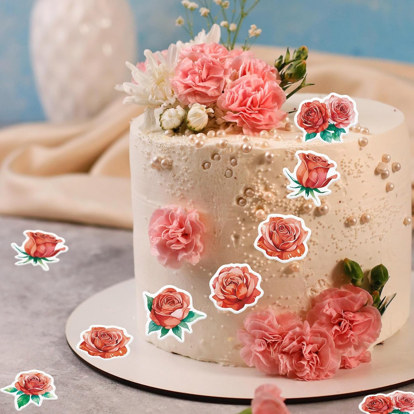 48PCS Edible Rose Flower Cupcake Toppers Wafer Paper Roses Decorations Flower Birthday Party Decorations Rose Cake Toppers for Wedding Engagement Birthday Party Cake Decor Supplies (Red)