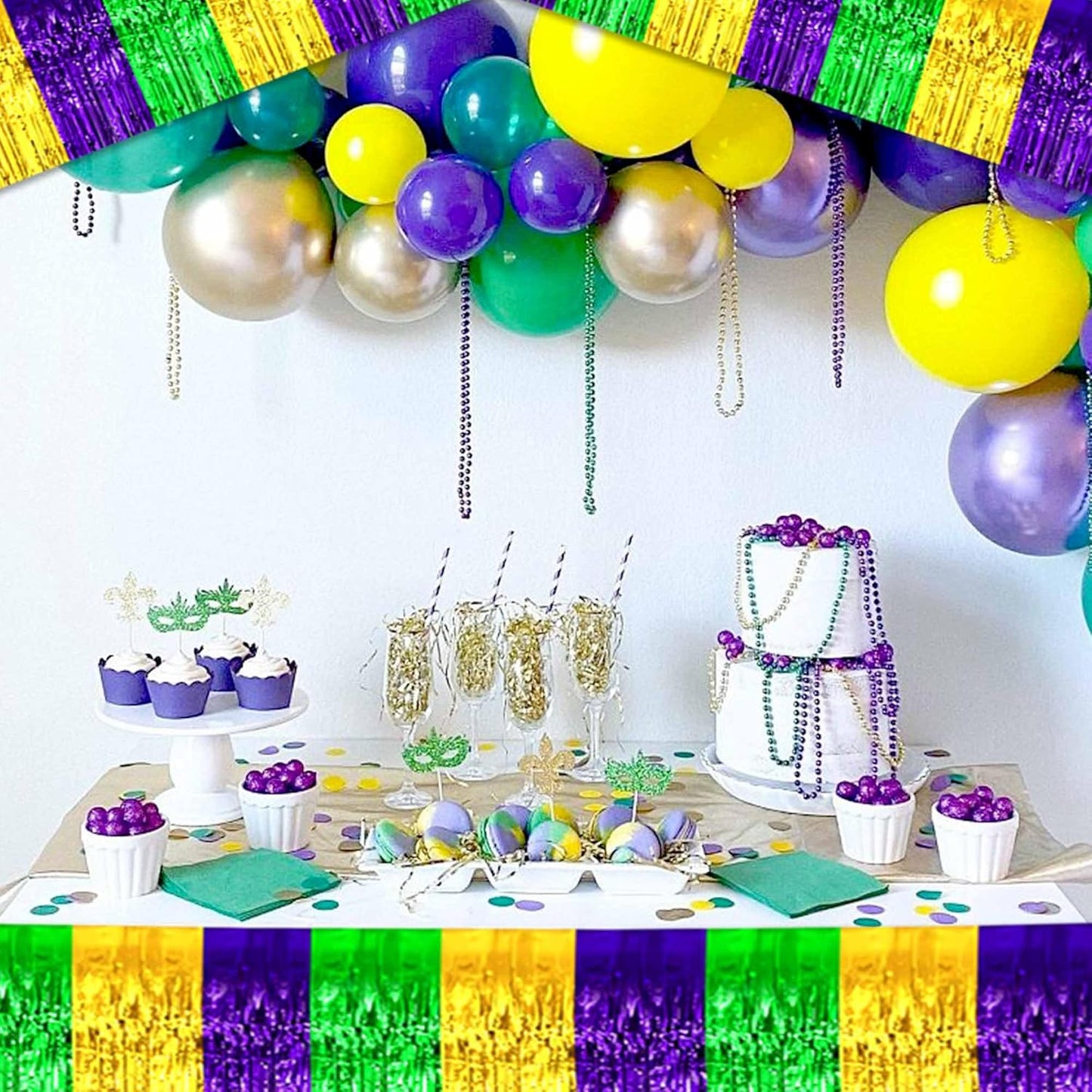 6 Pack 10 Ft Gold Green Purple Foil Fringe Garland Metallic Streamers Tinsel Banner Wall Hanging Garland Backdrop for Parade Floats, Halloween, Christmas, Thanksgiving, New Year Party Decorations
