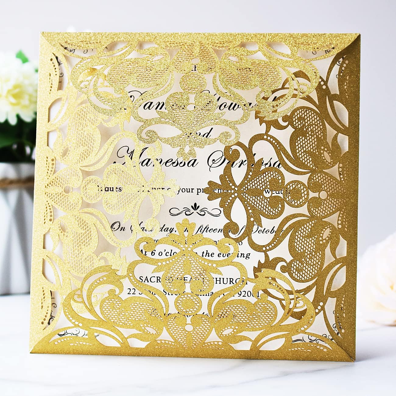 Hosmsua 50PCS Personalized Gold Laser Cut Wedding invitation Cards With Envelopes 6.3 x 6.3 Inch Hollow Lace Rose Invitation Pocket for Engagement Wedding Bridal Shower Invite (Gold Glitter)
