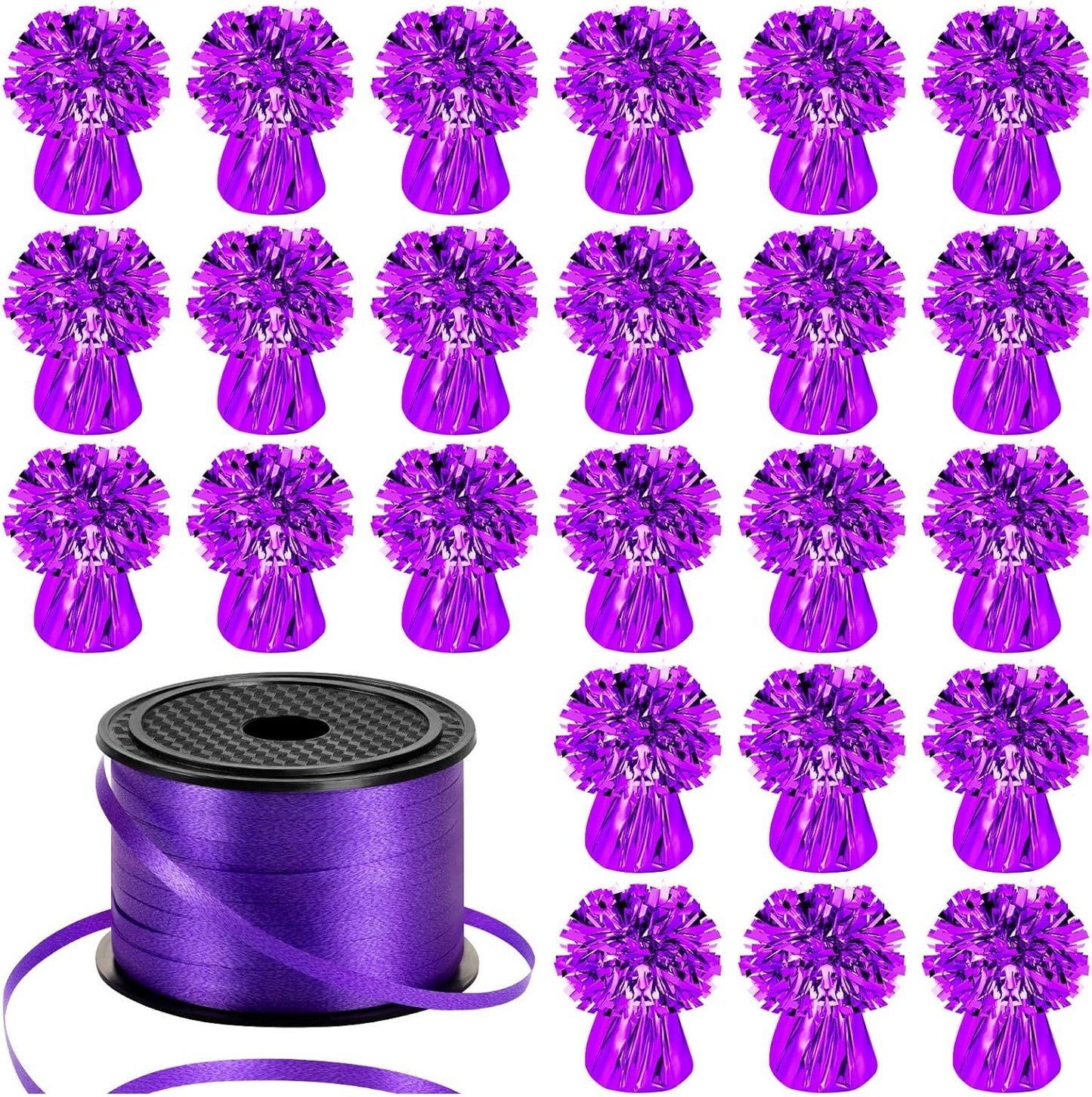 24 PCS Balloon Weights Metallic Anchor, Balloon Holder Heavy Weights with 1 Roll Purple Crimped Ribbon for Balloons Table Party Favor Birthday Decor(Purple)