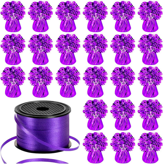 24 PCS Balloon Weights Metallic Anchor, Balloon Holder Heavy Weights with 1 Roll Purple Crimped Ribbon for Balloons Table Party Favor Birthday Decor(Purple)