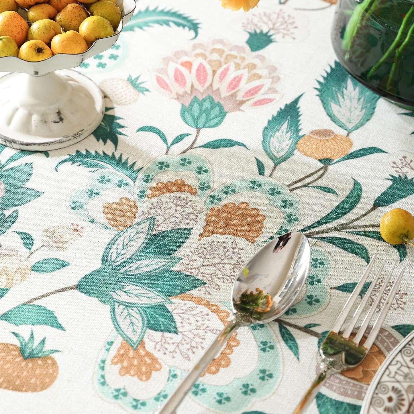 patdrea Designer Green Rectangle Table Cloth,Vintage Italian Floral Country Linen Breathable Tablecloth,Decor Cover for Kitchen Dining,Christmas,Tea Party,Thanksgiving,63"x87"-Tree Life