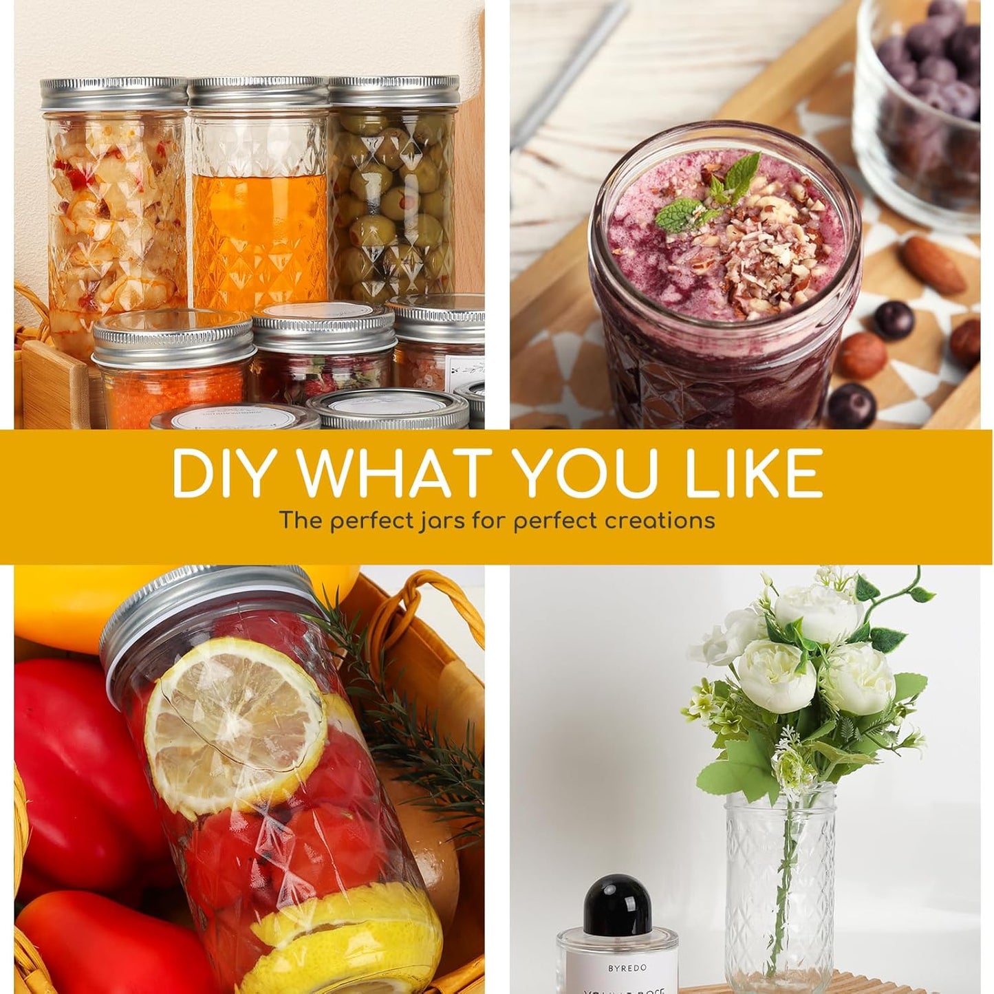 CycleMore 15 Pcs 12oz Mason Jars With One Piece Silver Metal Lids, Canning Jars Glass Regular Mouth Jar for Honey, Jam, Jelly, Wedding Favors, Kitchen Food Storage