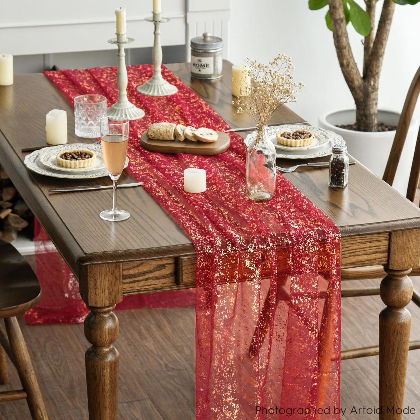 Artoid Mode 6PCS Red Gold Gauze Table Runner 120 Inch 10FT, Glitter Metallic Foil Sheer Dining Wedding Anniversary Holiday Table Decor for Home Party