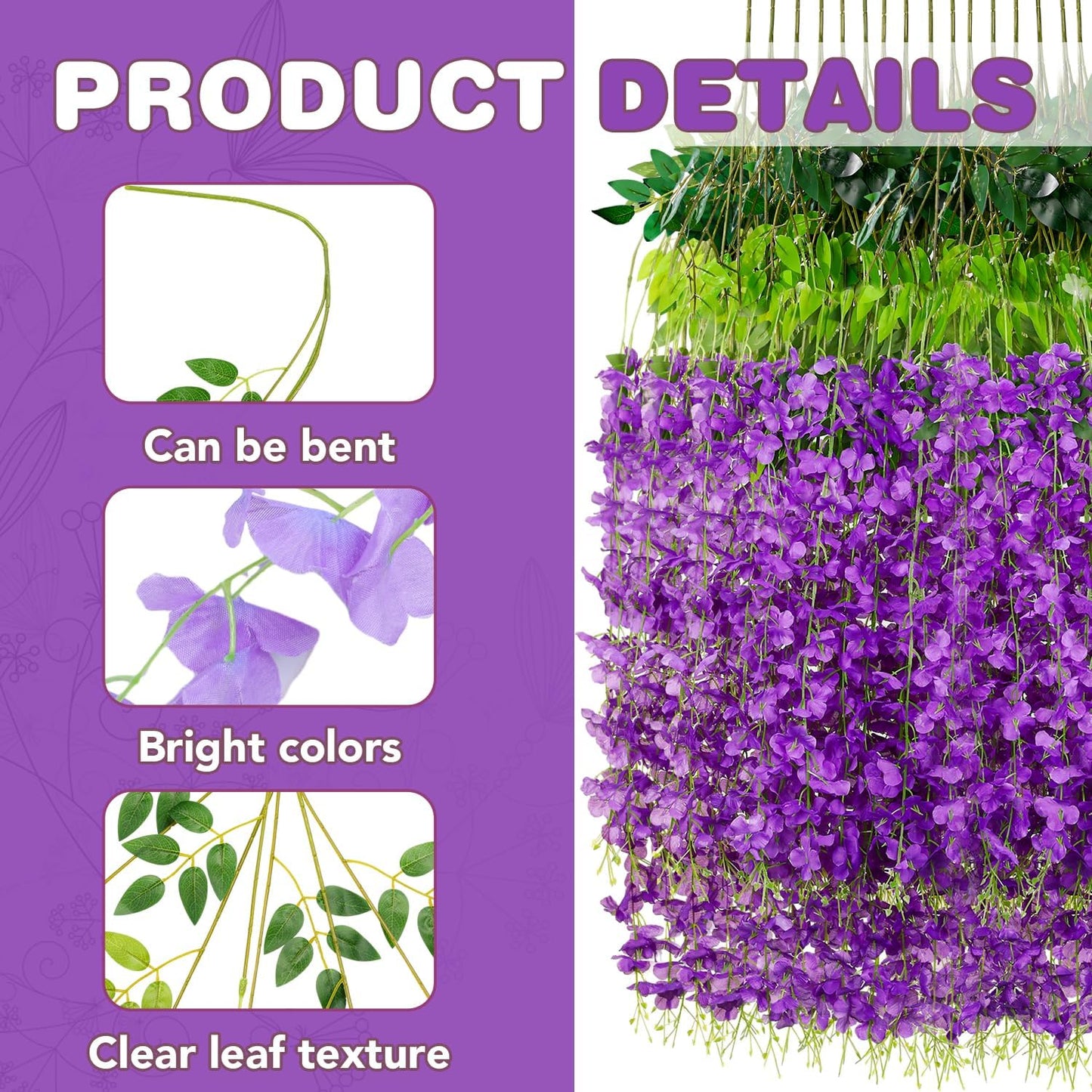 Wisteria Hanging Flowers,Fake Hanging Flowers,Wisteria artificiales Garland for Home Wedding Arch Floral Party Garden Ceremony Outdoor Decor,3.6 feet Long(48,Purple)