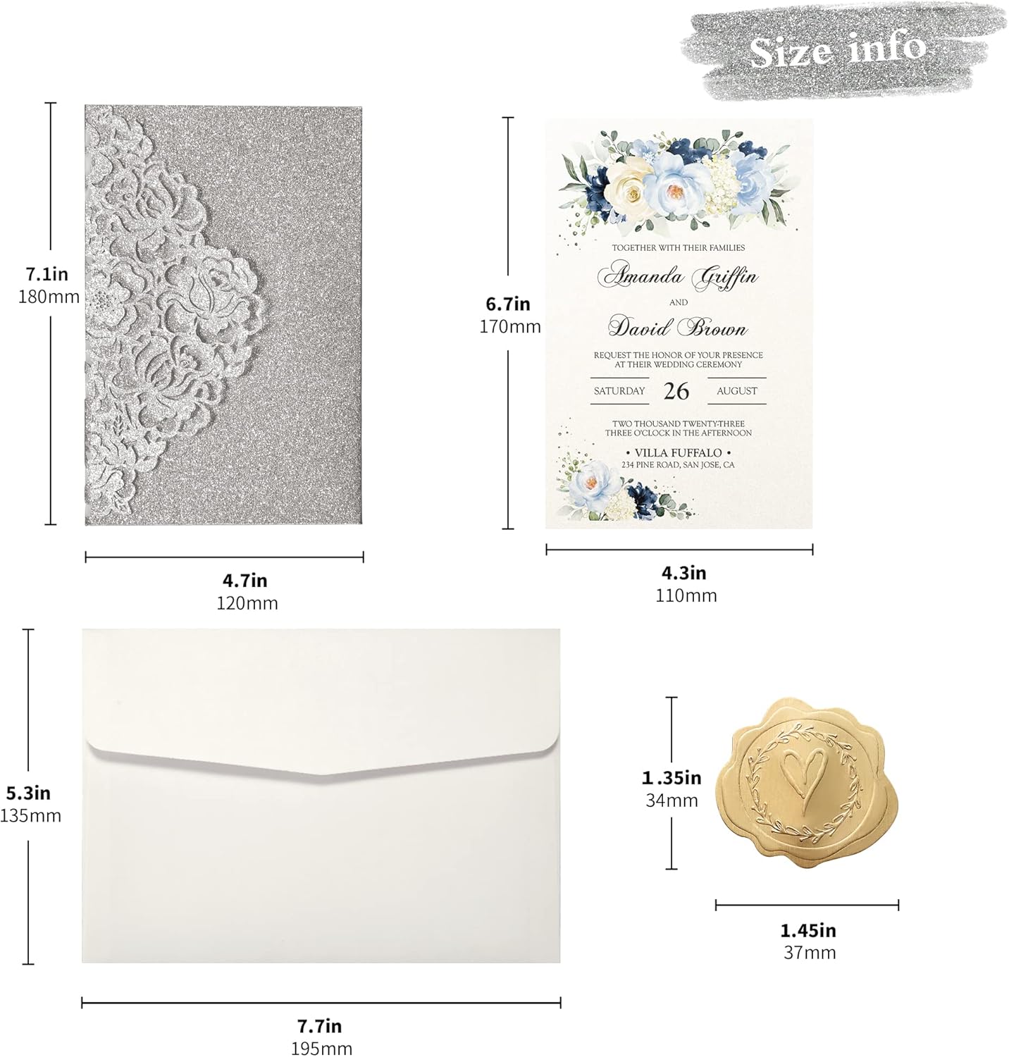 DORIS HOME 50pcs Laser Cut Wedding Invitations with Envelopes and RSVP Cards Silver Glitter, 4.7x7.1 Personalized Invitation Cards for Wedding, Anniversary Invitations with Envelopes