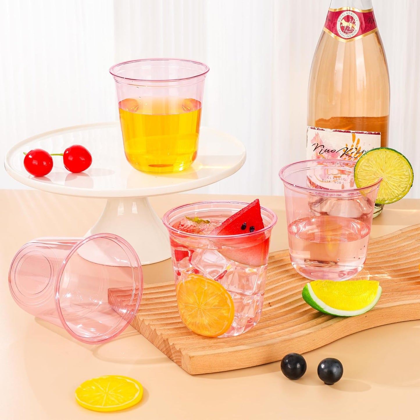 DI QIU REN 100PCS 12 OZ Pink Plastic Cups Pink Cups Disposable Wine Glasses Round Bottom Plastic Cup Martini Party Cup for Birthday Wedding Meeting Valentines Baby Showers Picnic Festive Celebrations