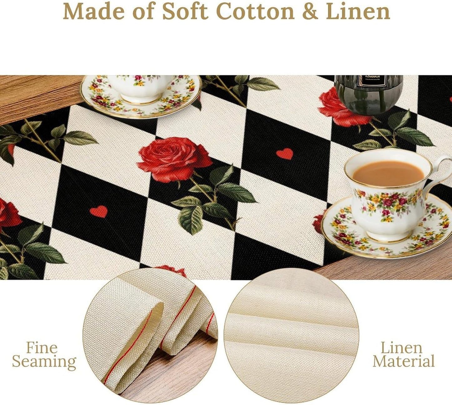 Vintage Rose Table Runner, Red Rose Hearts Black White Checkered Background Table Runner for Kitchen Dinning Table Runner Decor Home Wedding Party Holiday, 13x36 Inch