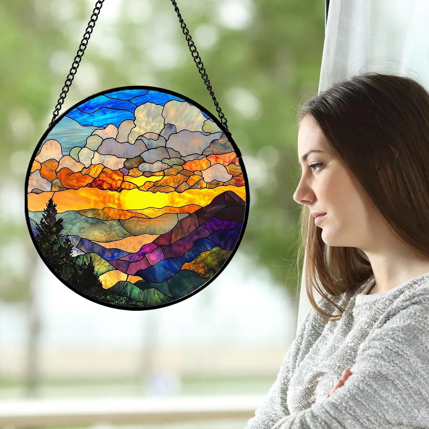 Stained Glass Window Hanging, Abstract Clouds Mountains Landscape Suncatcher for Doors Window Home Sun Catchers Decor Mother's Day Birthday Gifts for Women, Men Mom 9.8 in