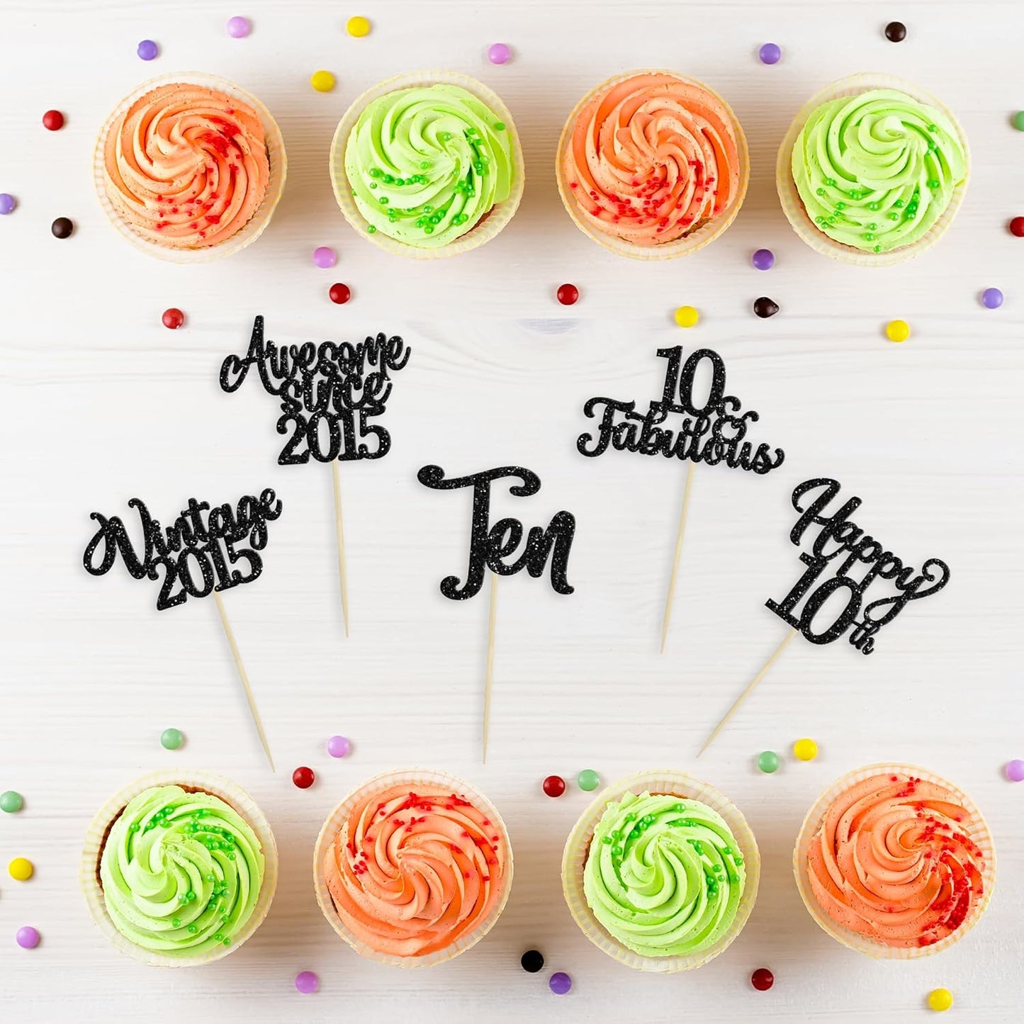 30Pcs Happy 10th Birthday Cupcake Toppers Glitter Ten Vintage 2015 Cupcake Picks Cheers to 10 Fabulous Cake Decorations for 10th Birthday Wedding Anniversary Party Supplies Black