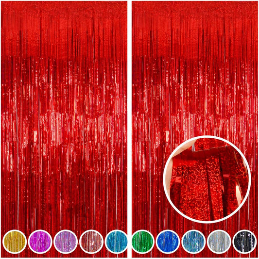 Melsan 2 Pack Red Tinsel Foil Fringe Curtains Backdrop, Sparkle Tinsel Backdrop Curtains for Fourth of July Patriotic Birthday Party Decorations