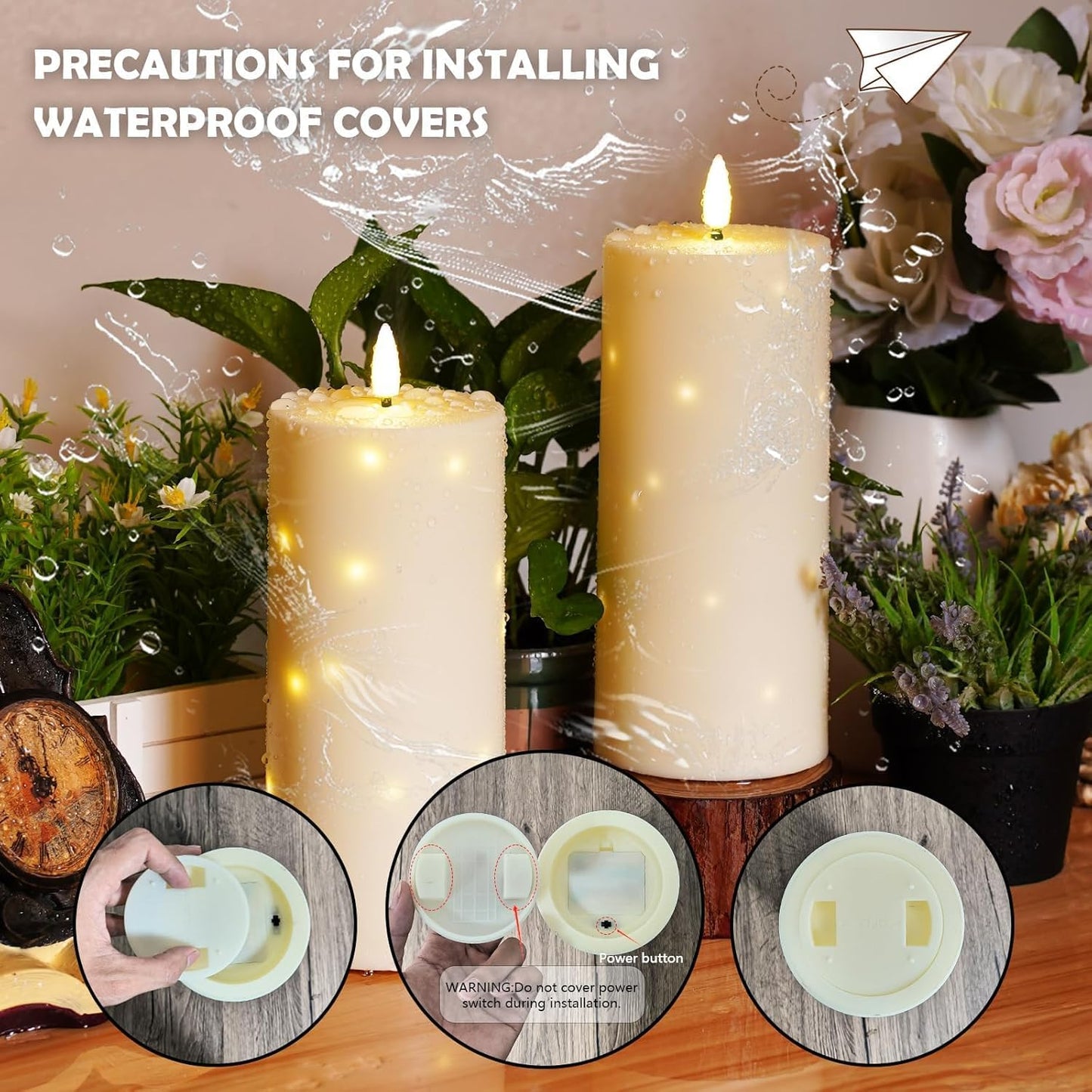 4" x 10" Large Outdoor Waterproof Flickering Flameless Candles with Timer,2Pcs Battery Operated LED Pillar Candles with Embedded Star String for Outdoor Lanterns,Porch,Patio Decor(Ivory)