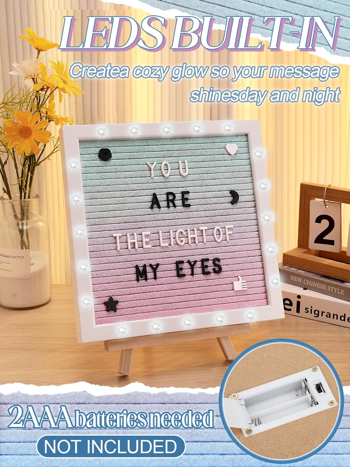 Light up Changeable Felt Letter Board Sign with LED Lights - 10×10" Message Board & Wood Stand & 450 Letters, for Halloween/Birthday/Event/Pregnancy/Baby Announcement/Home Wall Decor Gifts, Gradient