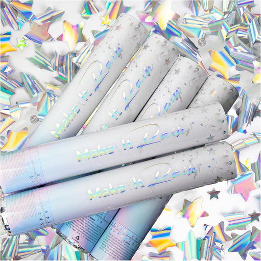 PrimePure Confetti Cannon Party Poppers - Holographic Silver Stars Confetti Popper & Streamer - 6 Pack - Easy-to-Use Party Cannon - Silver Glitter Star Pop Gun for Graduation, Wedding, Birthday, Prank