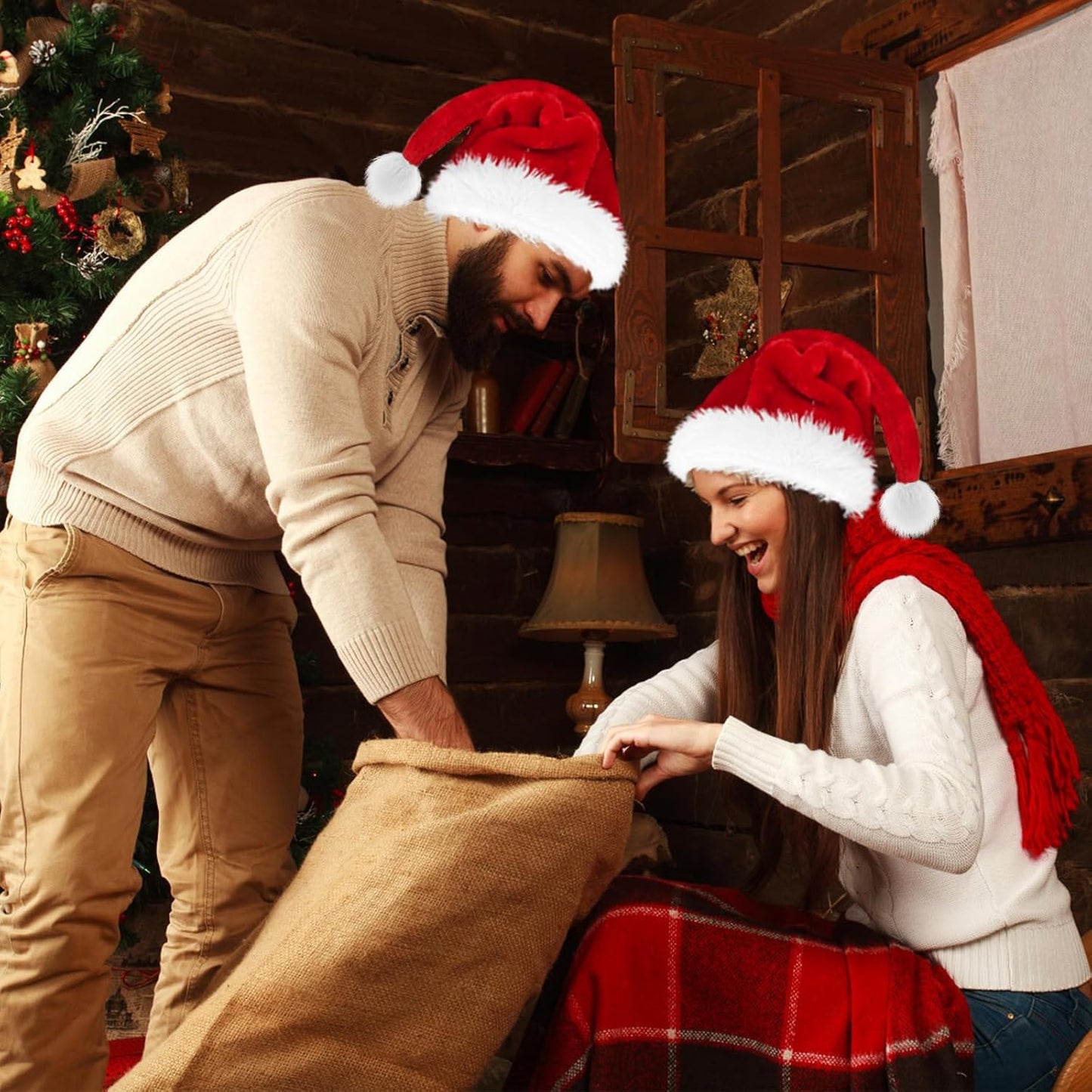 Santa Hat for Adults Christmas Hat Red Velvet Double-Layer Thickening Unisex Holiday Xmas Hats for New Year Festive Party