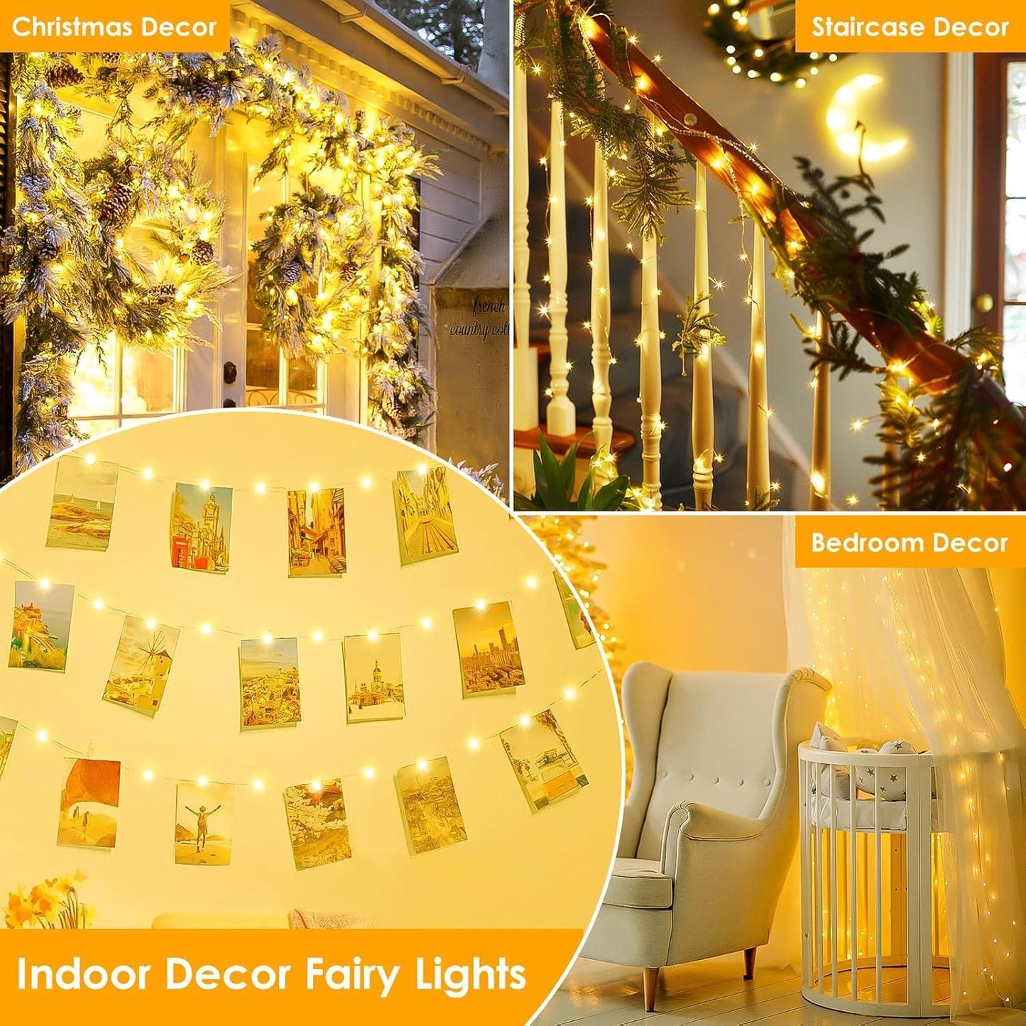 4Pack 80Ft 240LED Fairy Lights Battery Operated with Remote, Waterproof String Lights with Timer for Indoor & Outdoor, Twinkle Lights Battery Powered for Bedroom Christmas Decorations (Warm White)