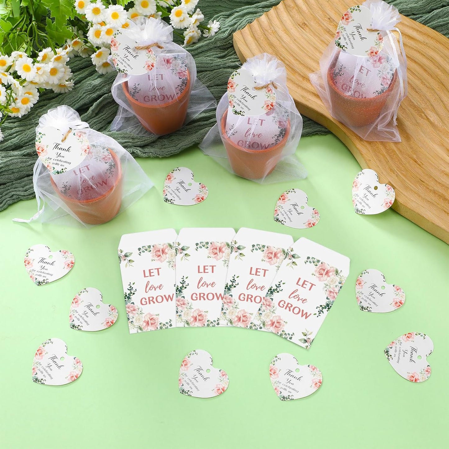 Ctosree 50 Sets Let Love Grow Wedding Favors for Guests Self Adhesive Seed Packets (Seed Not Include) Terracotta Flowerpot Thank You Tags and Organza Gift Bags for Bridal Shower Wedding Party Favors