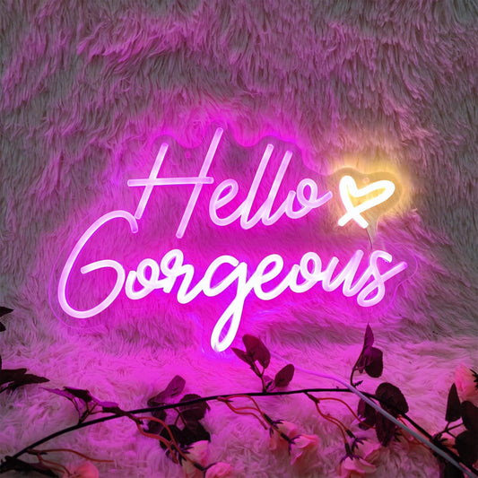 Hello Gorgeous Neon Signs Hello Gorgeous Wall Decor, Hello Gorgeous Bathroom LED Sign for Home Bar Wedding Birthday Backdrop Bacelorette Party, 15.7" x 10.3"