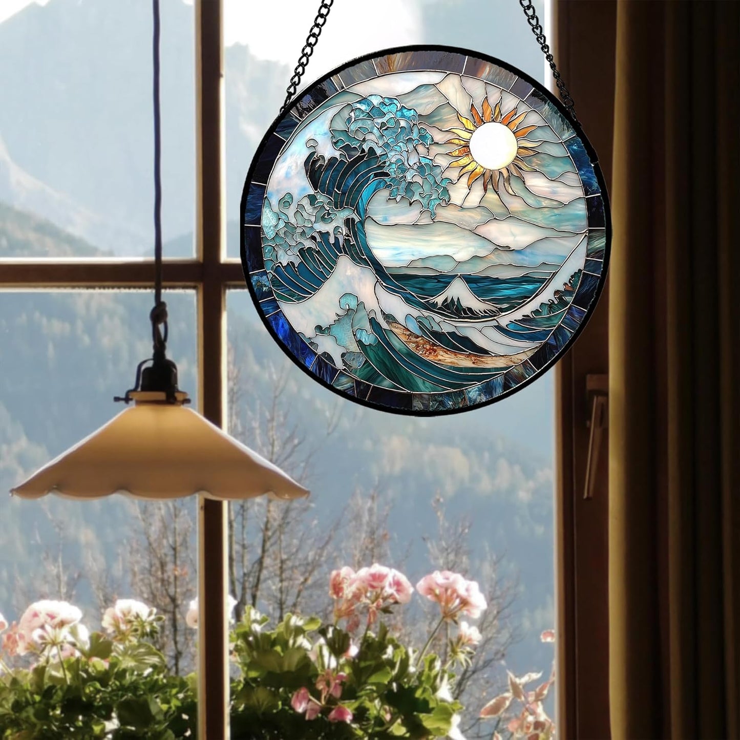 Stained Glass Window Hanging - White Sun Big Wave Suncatcher for Door Terrace Garden Home Decor Blue Ocean Landscape Sun Catcher Birthday Gifts for Lovers Women Men Dad Mom Nana 7.8 in
