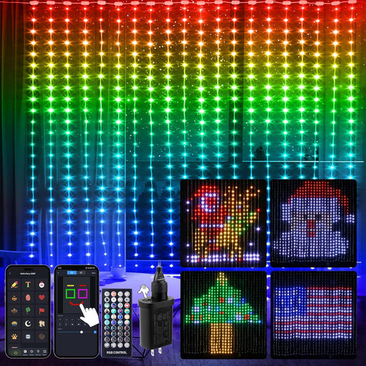 Brightown Smart Curtain String Lights App Controlled - 900 LED DIY Hanging Fairy Light Pattern and Text Programmable, Music Sync with Remote, Waterproof Smart Valentine's Party Lights Indoor Use