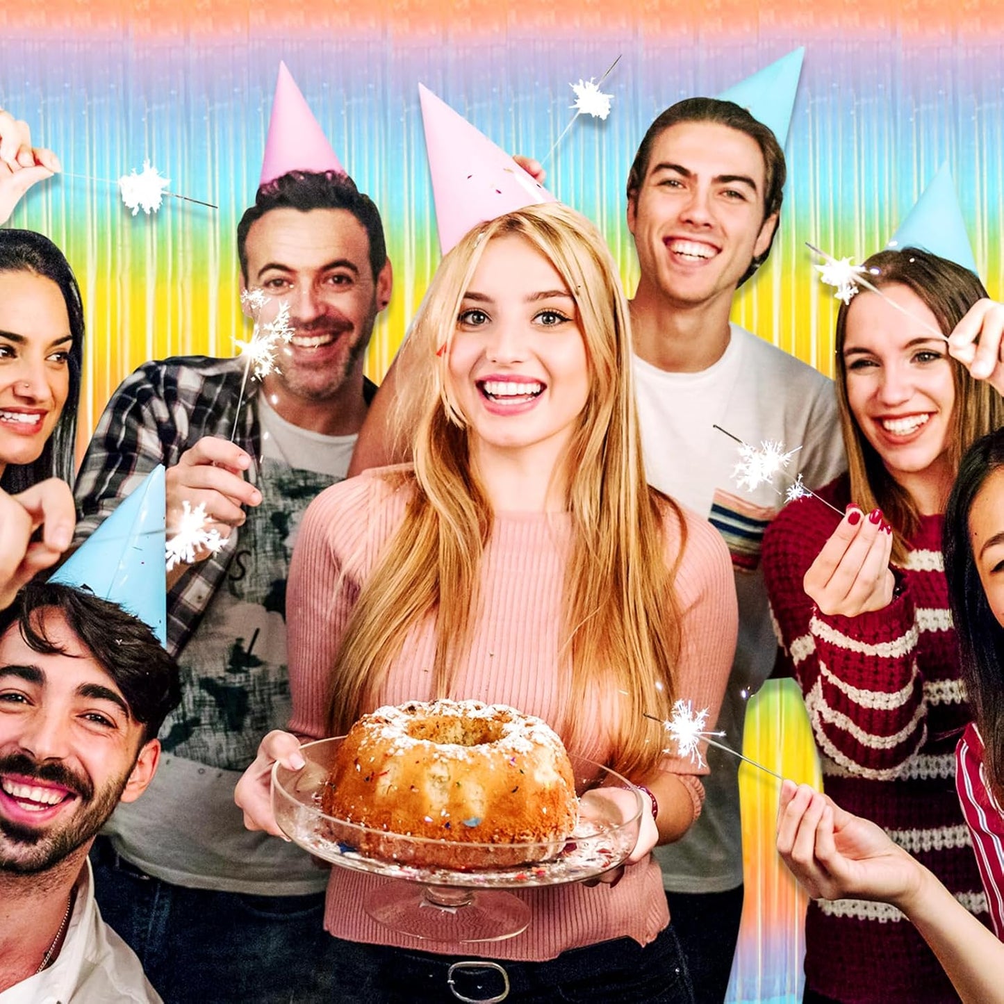 3 Pack Rainbow Foil Fringe Curtain Backdrop, 3.28Ft x 8.2Ft Metallic Tinsel Foil Fringe Streamer Curtains for Photo Booth, Christmas Day, Thanksgiving, Wedding, New Year Party Decorations