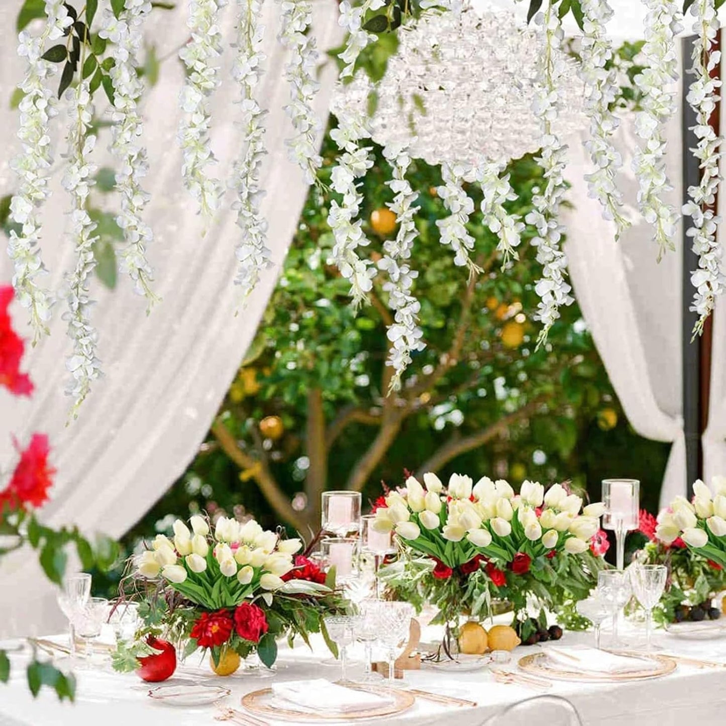 24 Pack White Green Wisteria Hanging Flowers Garland, 3.77 Feet Artificial Flower Vines, Fake Wisteria, Artificial Vines Hanging Garland for Backdrop Outdoor Yard Garden Decor