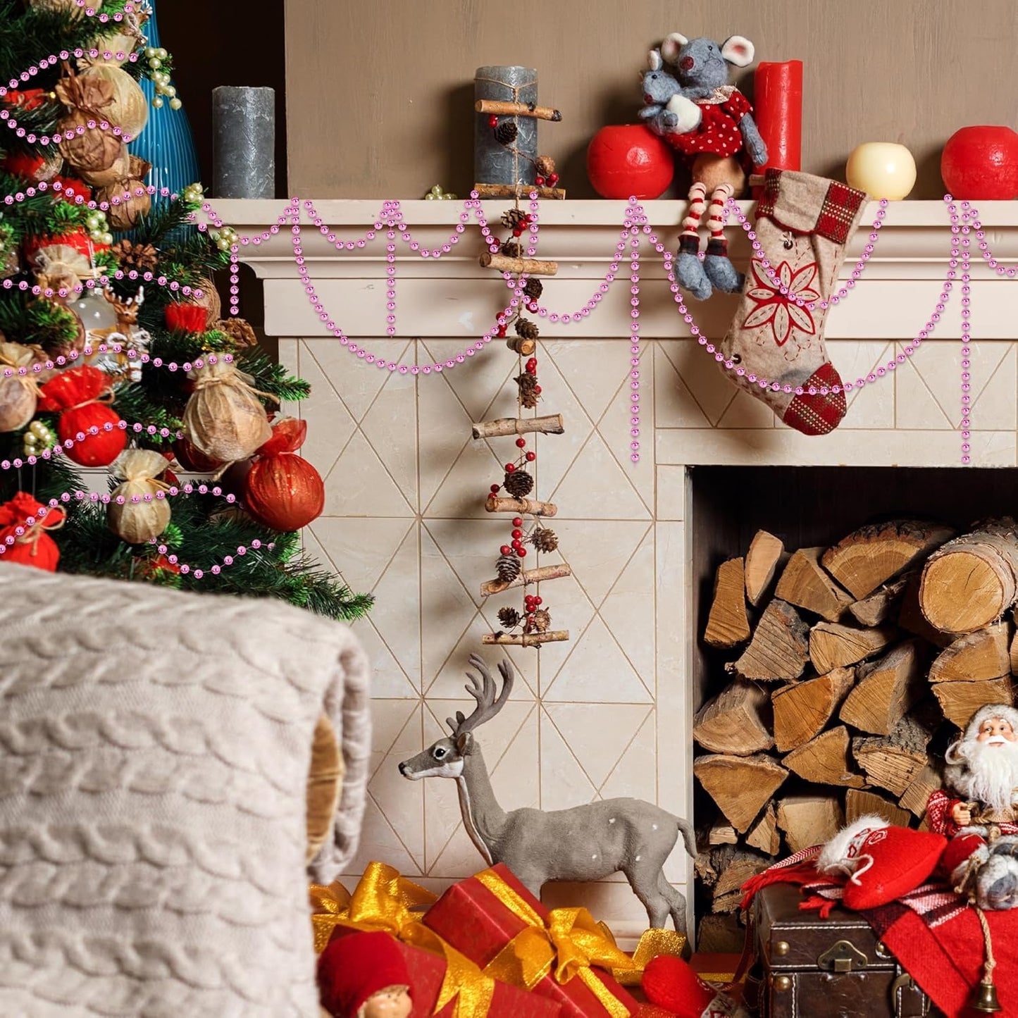 100 FT Pink Christmas Tree Beads Garland, Plastic Xmas Tree Beads Trim Chain Roll for Home, DIY Fireplace Holiday Decor Hanging Ornaments