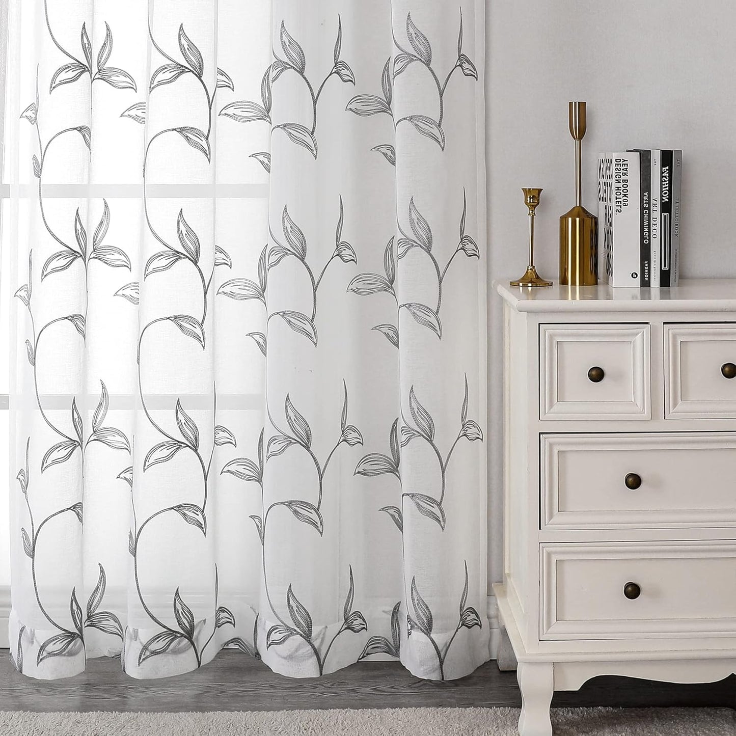 VISIONTEX Sheer Curtains 95 Inch Length 2 Panels, Decor Iron Grey Vine Leaves Embroidery on White Voile Pair, Accent Semi Window Drapes for Kitchen, Living Room and Bedroom, 54" W x 95" L
