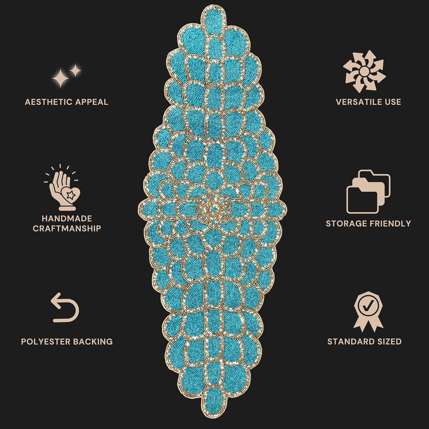 Beaded Table Runner 13 x 36 Inches - Handmade Decorative Dining Table Centerpiece with Glass Beads & Polyester Back, Elegant Runner for Weddings, Parties & Holiday Décor (Blue & Gold) - CLEENTABLE