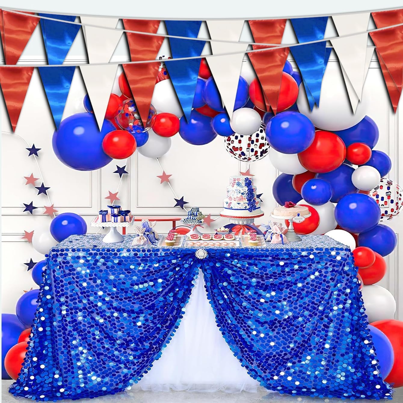 40M/130FT White Blue Red Triangle Pennant Banner Flag Metallic Fabric Bunting Garland for Christmas Graduation, Independence Day, 4th of july, Patriotic Themed Party Decoration