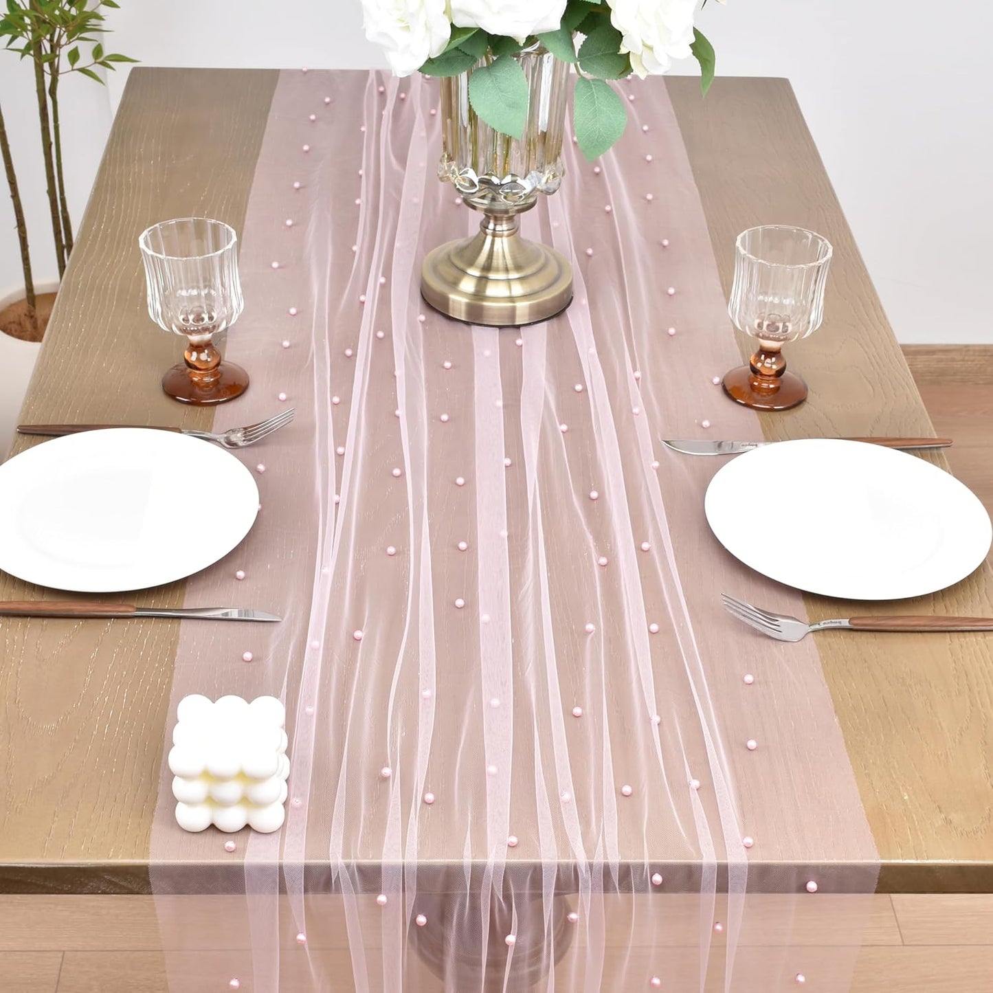 Joanlody Fall Pearl Table Runner 10ft Rustic Boho Tulle Table Runner with Pearls for Baby Shower Wedding Party Veil Dessert Thanksgiving Table Decor Pink