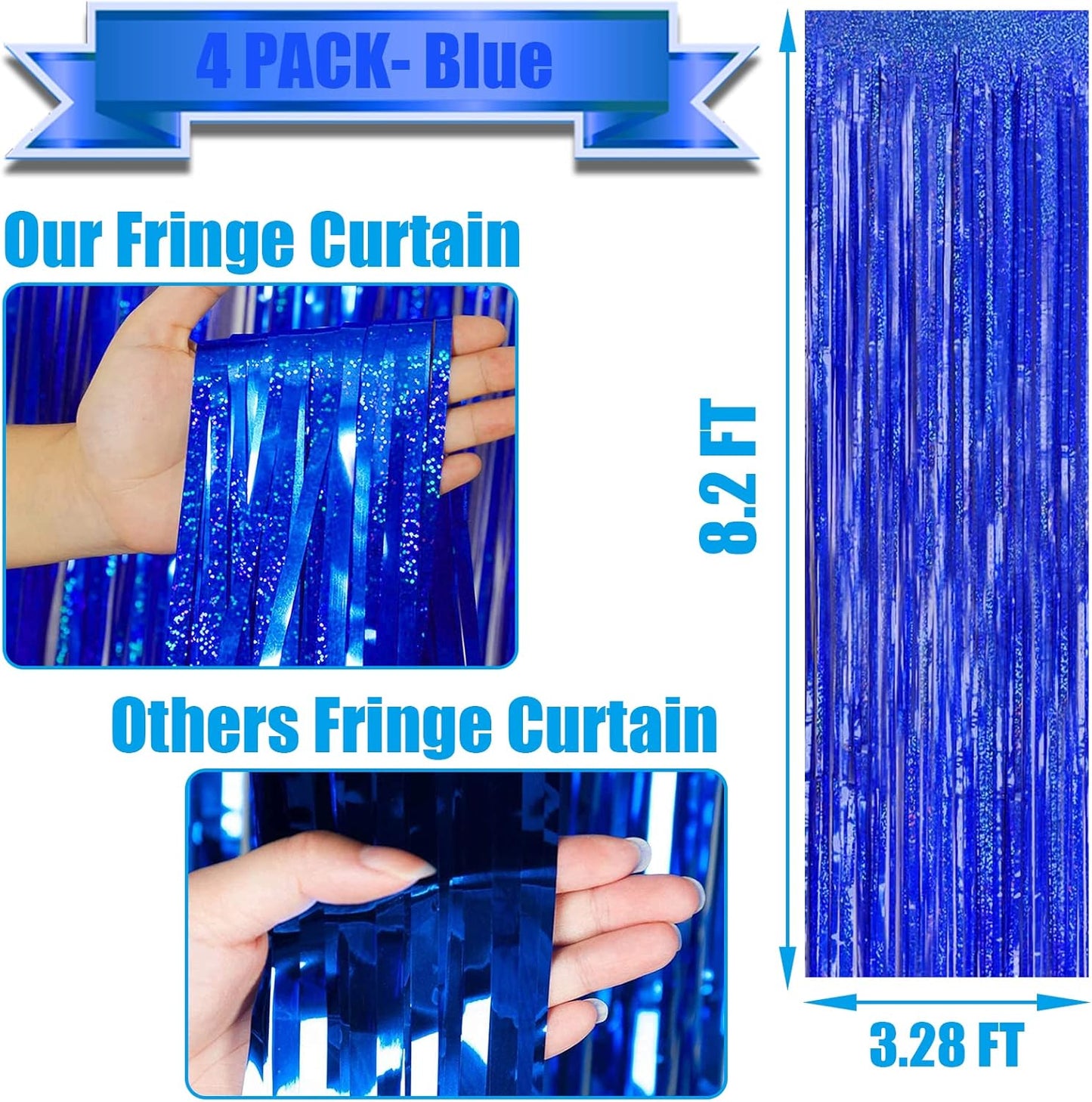 4 Pack Blue Tinsel Foil Fringe Curtain Backdrop, 3.28Ft x 8.2Ft Metallic Streamers for Photo Booth Props Wedding Bridal Shower Bachelorette Birthday Halloween Christmas Party Decoration
