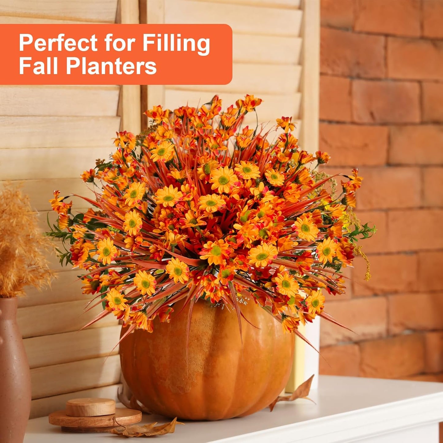 Fake Mums Fall Flowers Artificial for Decoration, 12 Bundles Faux Plants Silk Orange Flowers Realistic UV Resistant for Outdoors Planter Porch Garden Balcony Patio Window Box