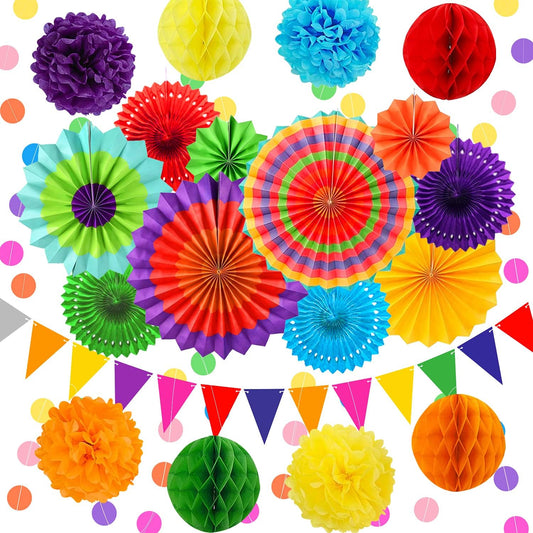 Colorful Birthday Decorations - Mexican Fiesta Party Decorations with Paper Fans, Paper Pom Poms,Dots Garland, Pennant Banner, Honeycomb Balls Packs