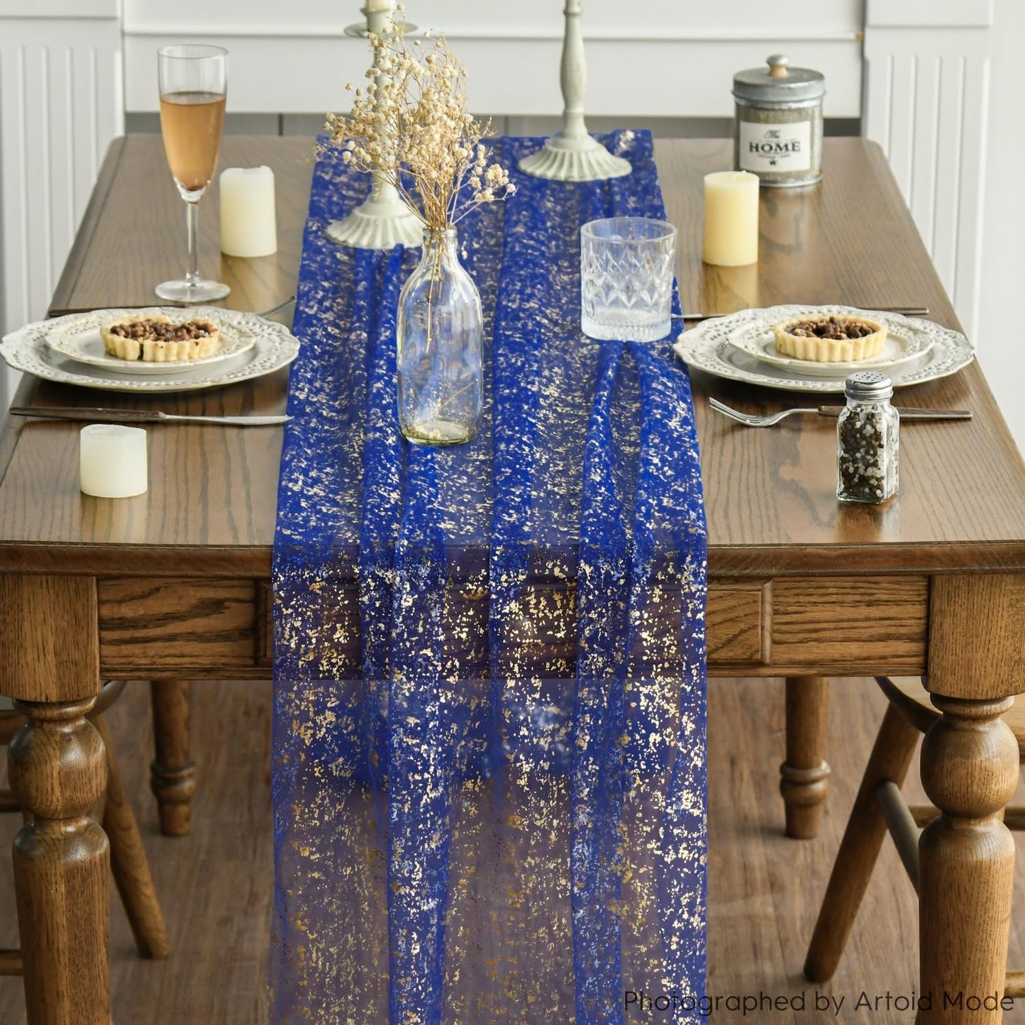 Artoid Mode 6PCS Blue Gold Gauze Table Runner 120 Inch 10FT, Glitter Metallic Foil Sheer Dining Wedding Anniversary Holiday Table Decor for Home Party