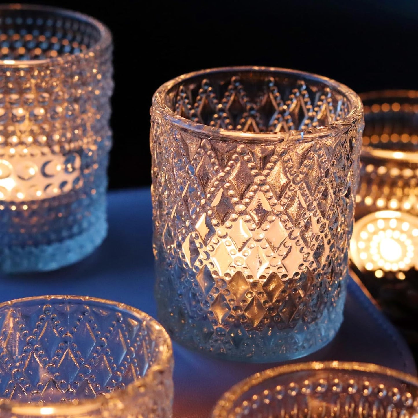 Clear Glass Votive Candle Holders, 12 pcs 3 Patterns Tealight Candle Holders for Wedding Table Centerpiece Birthday Party Thanksgiving Christmas Decoration