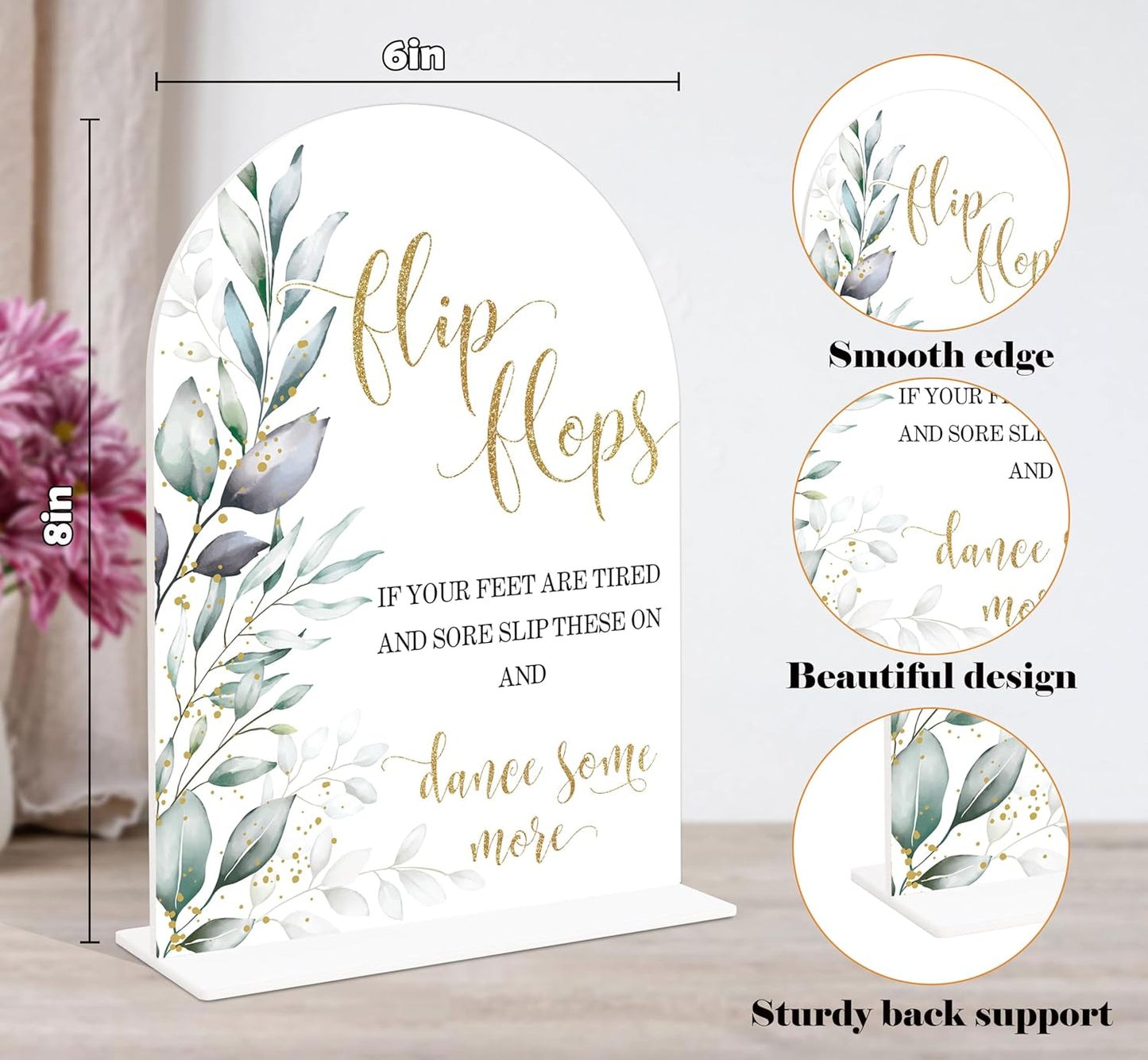 Acrylic Wedding Signs, Greenery Theme Flip Flops Sign, Wedding Reception Signage, Bridal Shower Table Decor with Stand, Engagement, Anniversary, Newlywed Events Supplies for Dance Floor Decor, 13