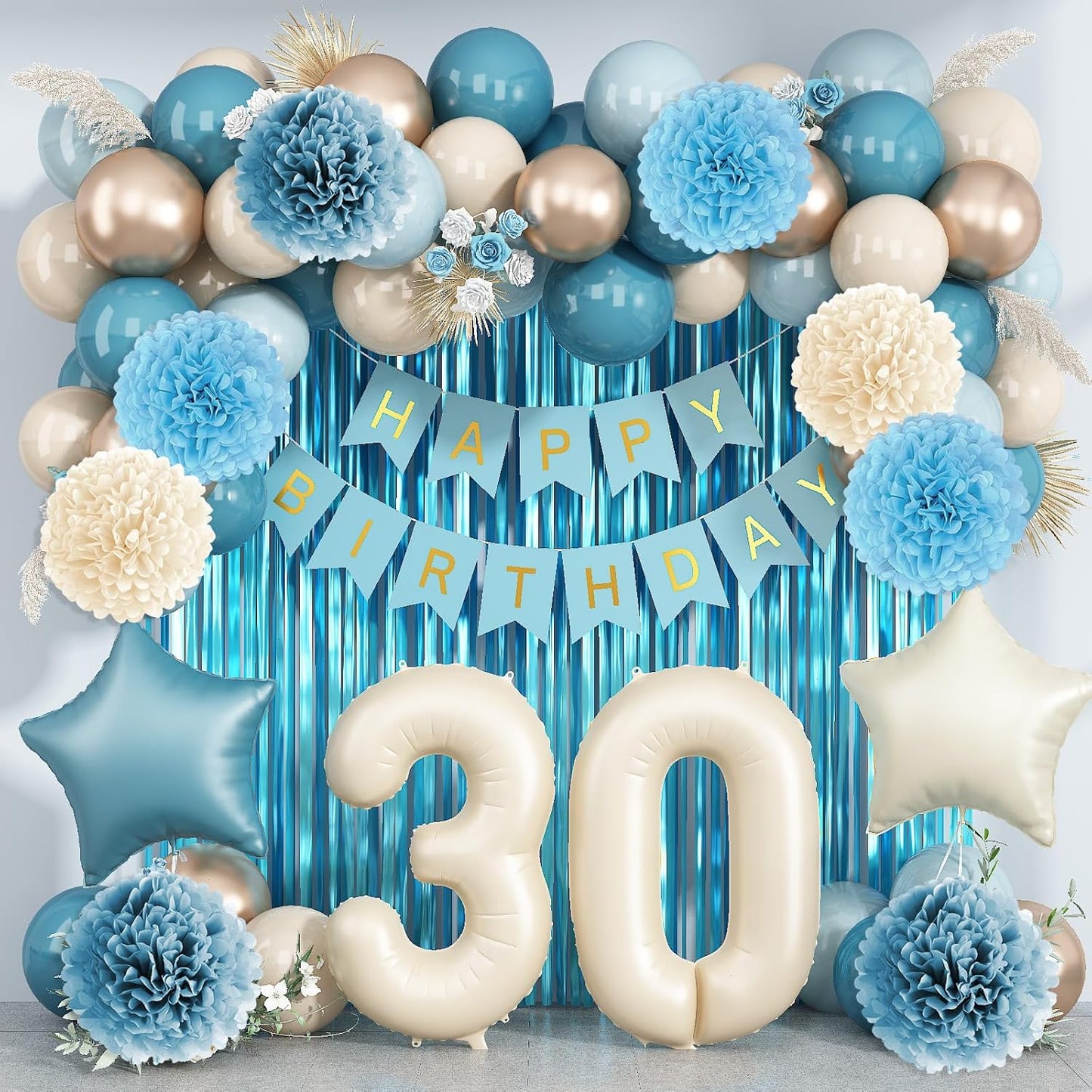 Dusty Blue 30th Birthday Party Decorations for Her Him Beige Cream Number 30 Balloon with Blue Gold Happy Birthday Banner Fringe Curtain Paper Pom Poms Nude White Sand Champagne Star Foil Balloons