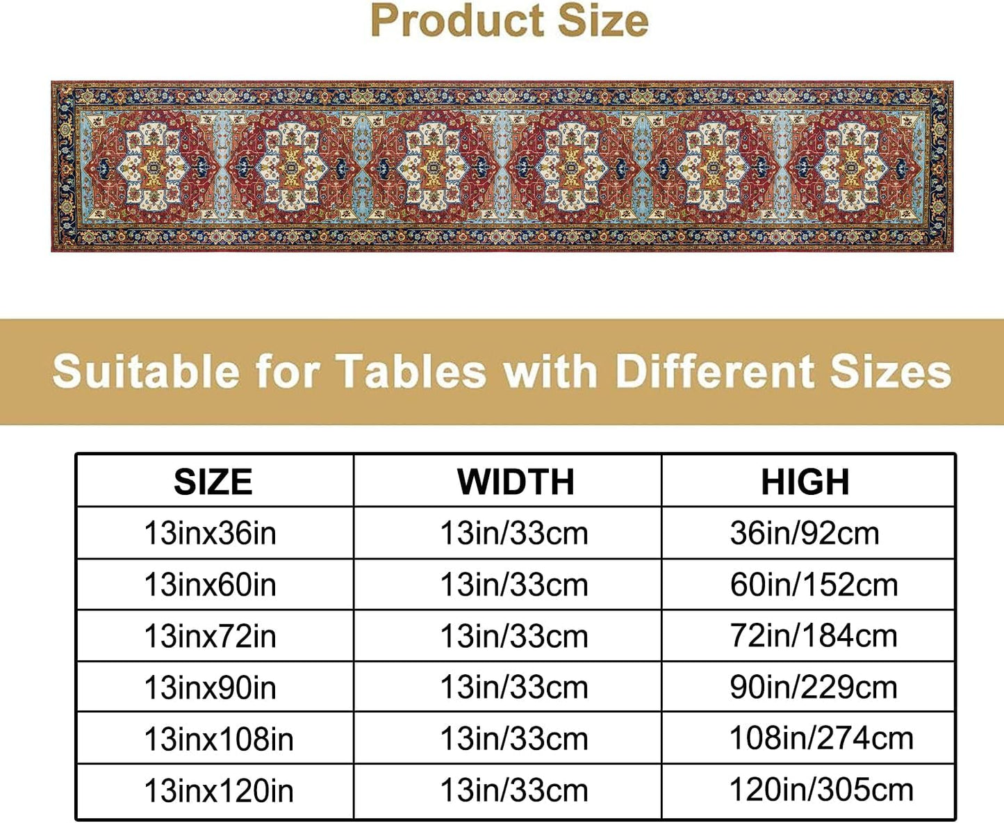 Vintage Boho Floral Table Runner, Rustic Country Farmhouse Red Blue Gold Retro Flower Pattern for Home Kitchen Table Decor Dining Coffee Room Party Decor 13x72in