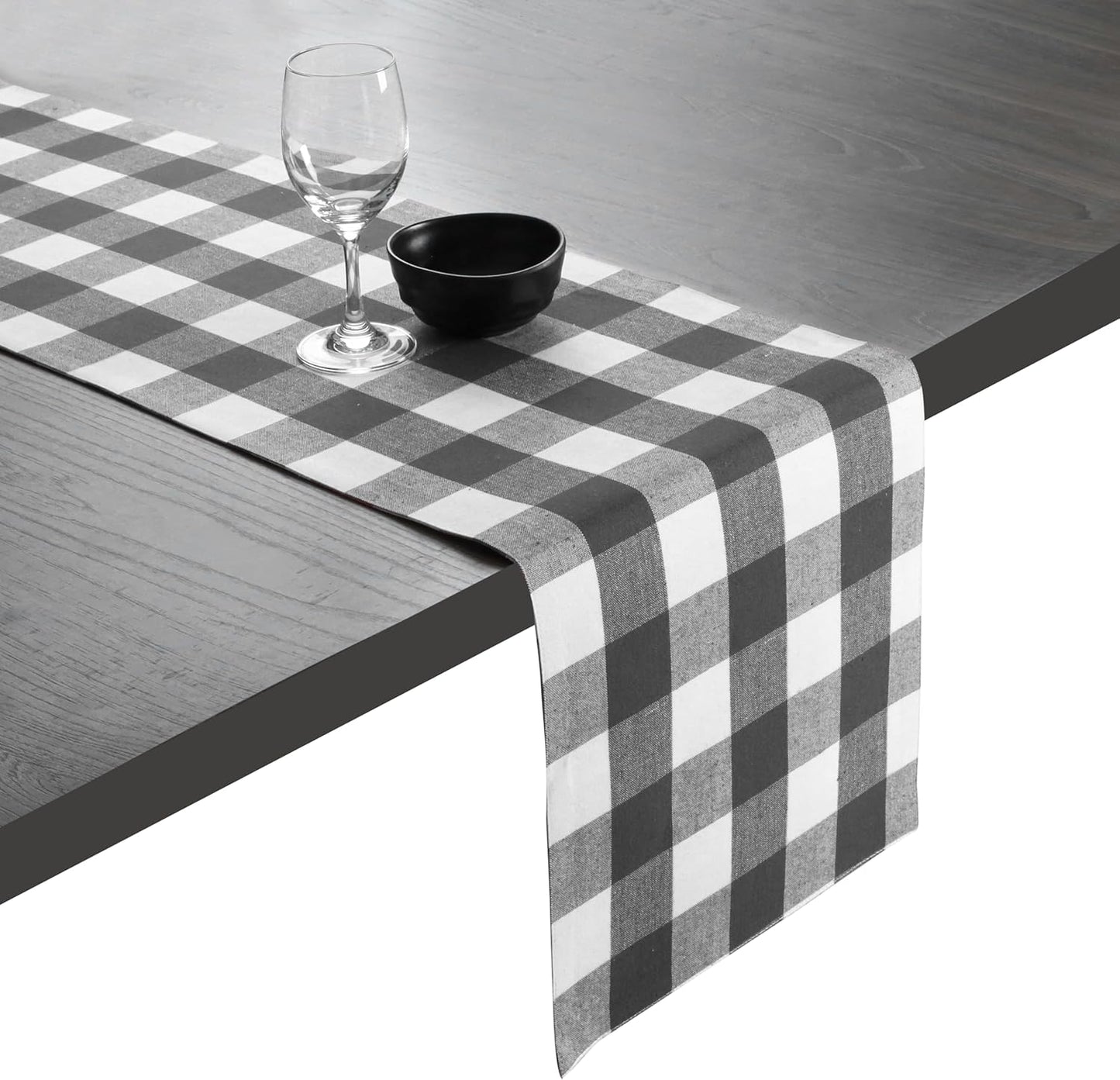 Native Fab Table Runner Buffalo Check Plaid 100% Cotton - 13x90 Inches Kitchen Dining Table Decoration for Indoor Outdoor Farmhouse Home Party Decor - Grey and White