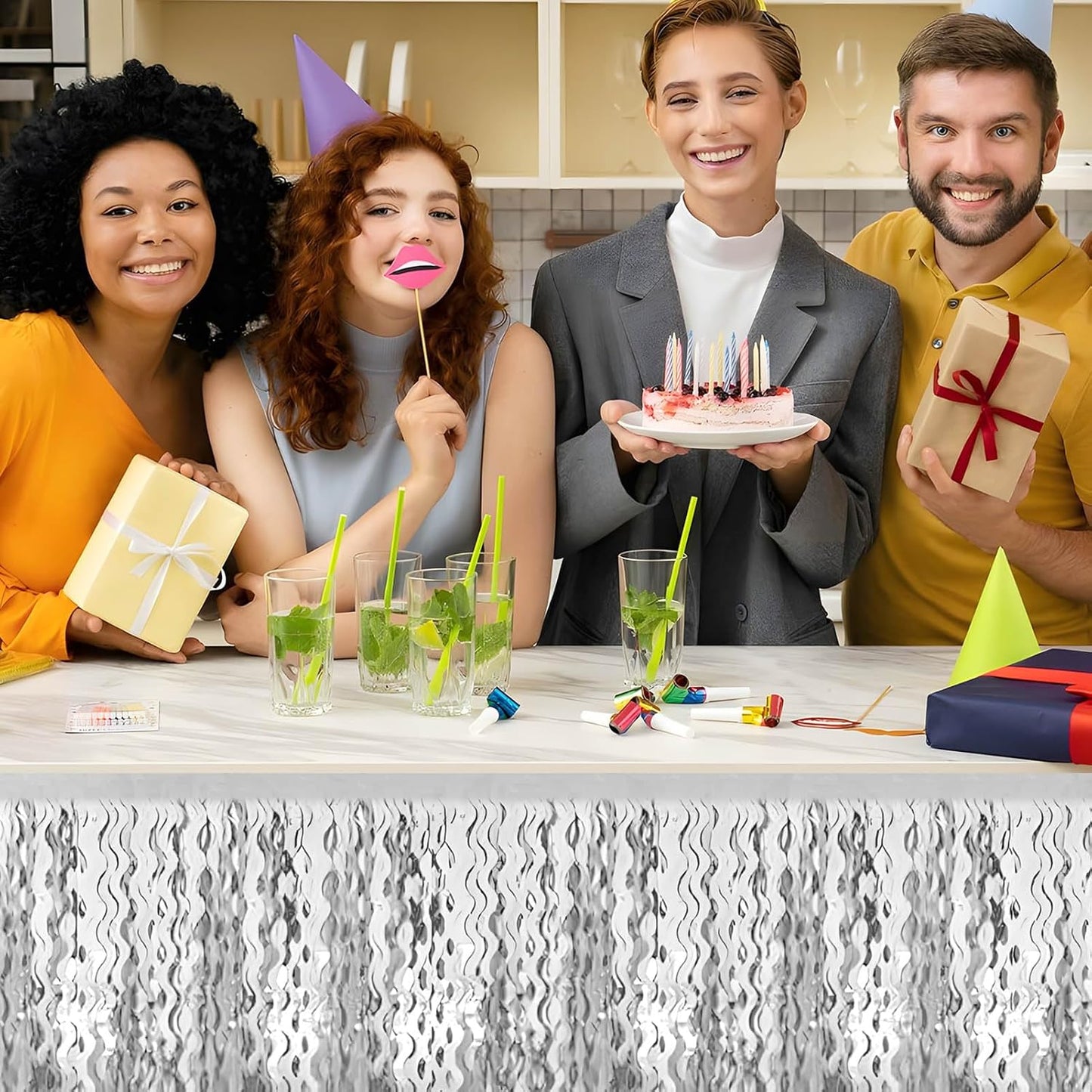 6 Pack 29x108 Inch Silver Wave Foil Fringe Table Skirts Metallic Banner for Tinsel Streamer Garland Backdrop for Parade Floats Wedding, Mother's Day, Birthday Mardi Gras Party Decorations