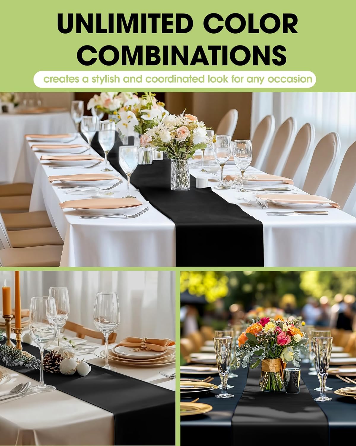 Pureegg Black Plastic Table Runners - 10 Pack, 14'' x 108'', Water Resistant & Disposable Centerpiece Decorations for Table Cloth, Wedding, Birthday, Holiday, Baby Shower, Party, Home Decor