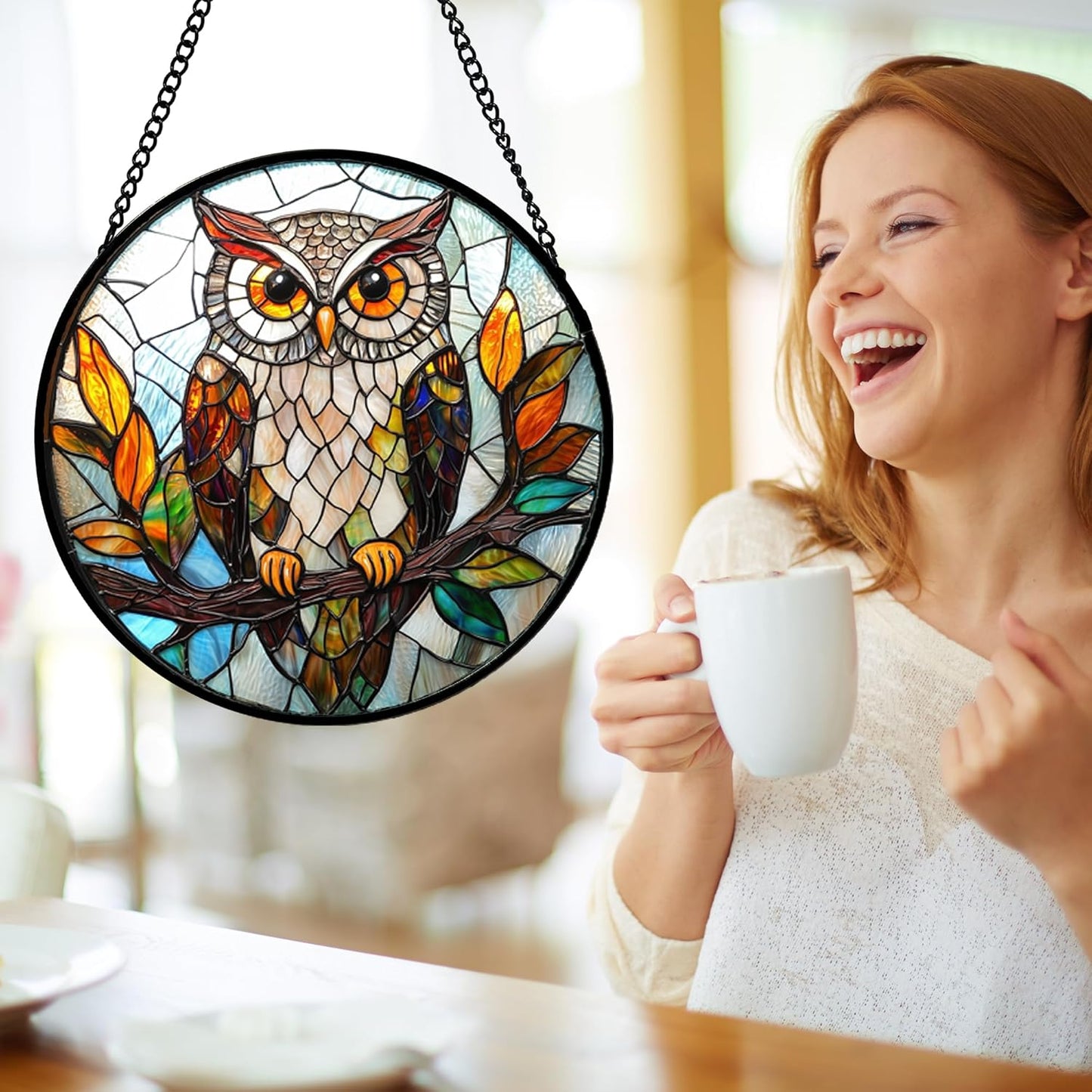 Stained Glass Window Hanging, Owl Colorful Leaves Birds Sun Catchers Diamond Glass Panel Hangings Suncatcher Decor for Birthday for Women, Men, Wife, Aunt, and Mom 14.9x14.9 in